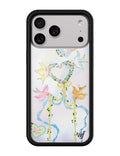 iPhone case with a pastel bird, floral heart, and ribbon design on a white background.