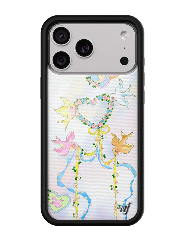iPhone case with a pastel bird, floral heart, and ribbon design on a white background.