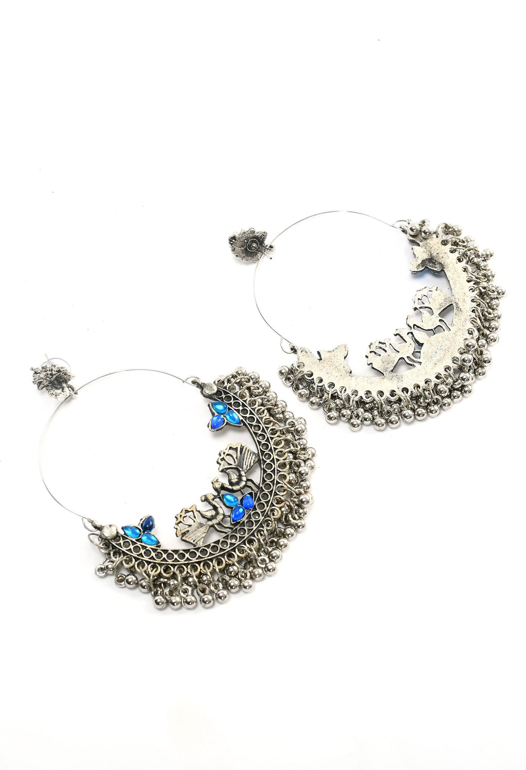Peacock Design Chandbali Earrings in Silver and Blue