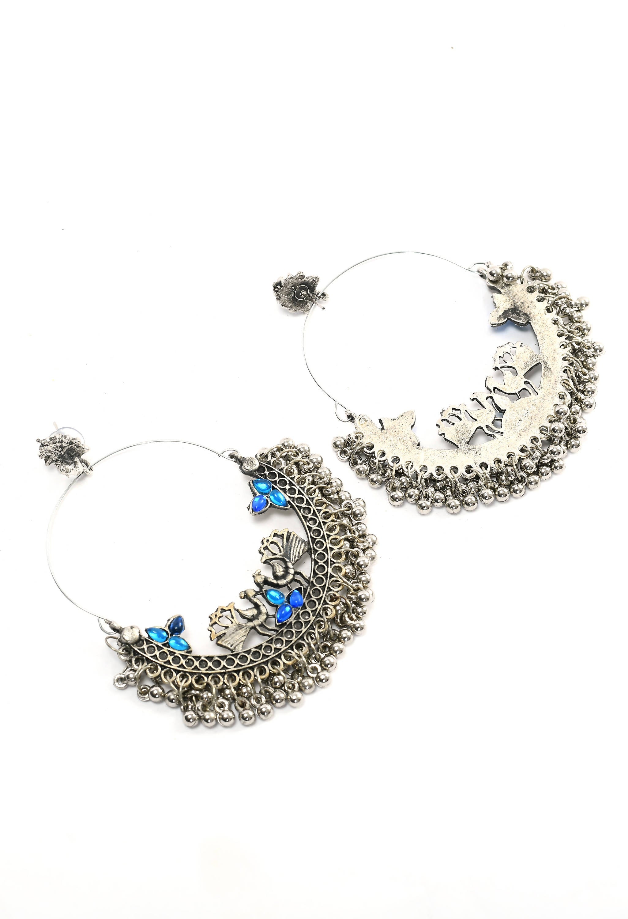 Peacock Design Chandbali Earrings in Silver and Blue