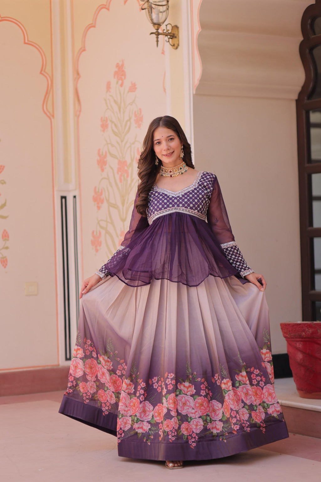Purple Chiffon Lehenga with intricate beaded embroidery and floral print, featuring a wide flair.