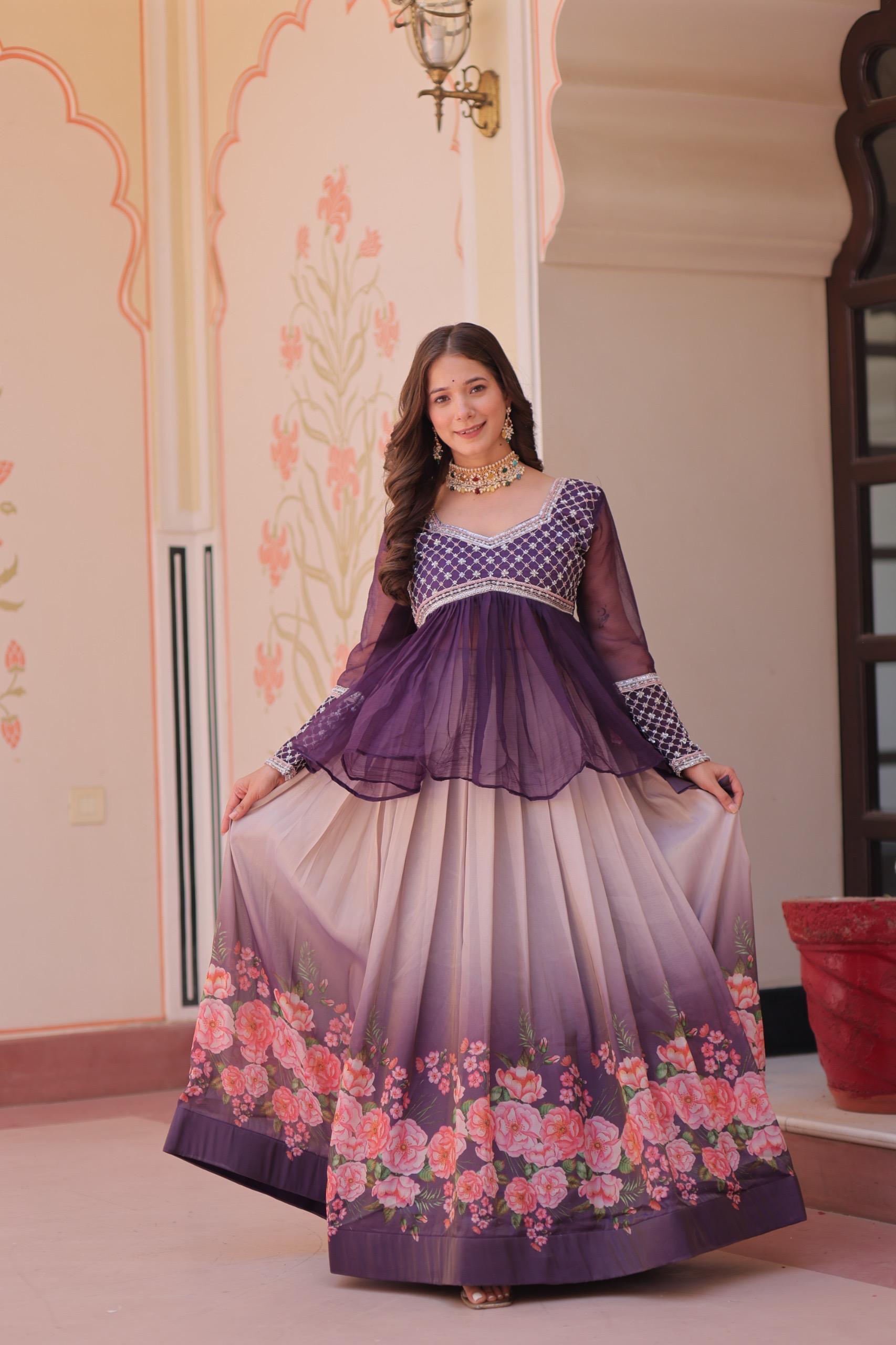 Purple Chiffon Lehenga with intricate beaded embroidery and floral print, featuring a wide flair.