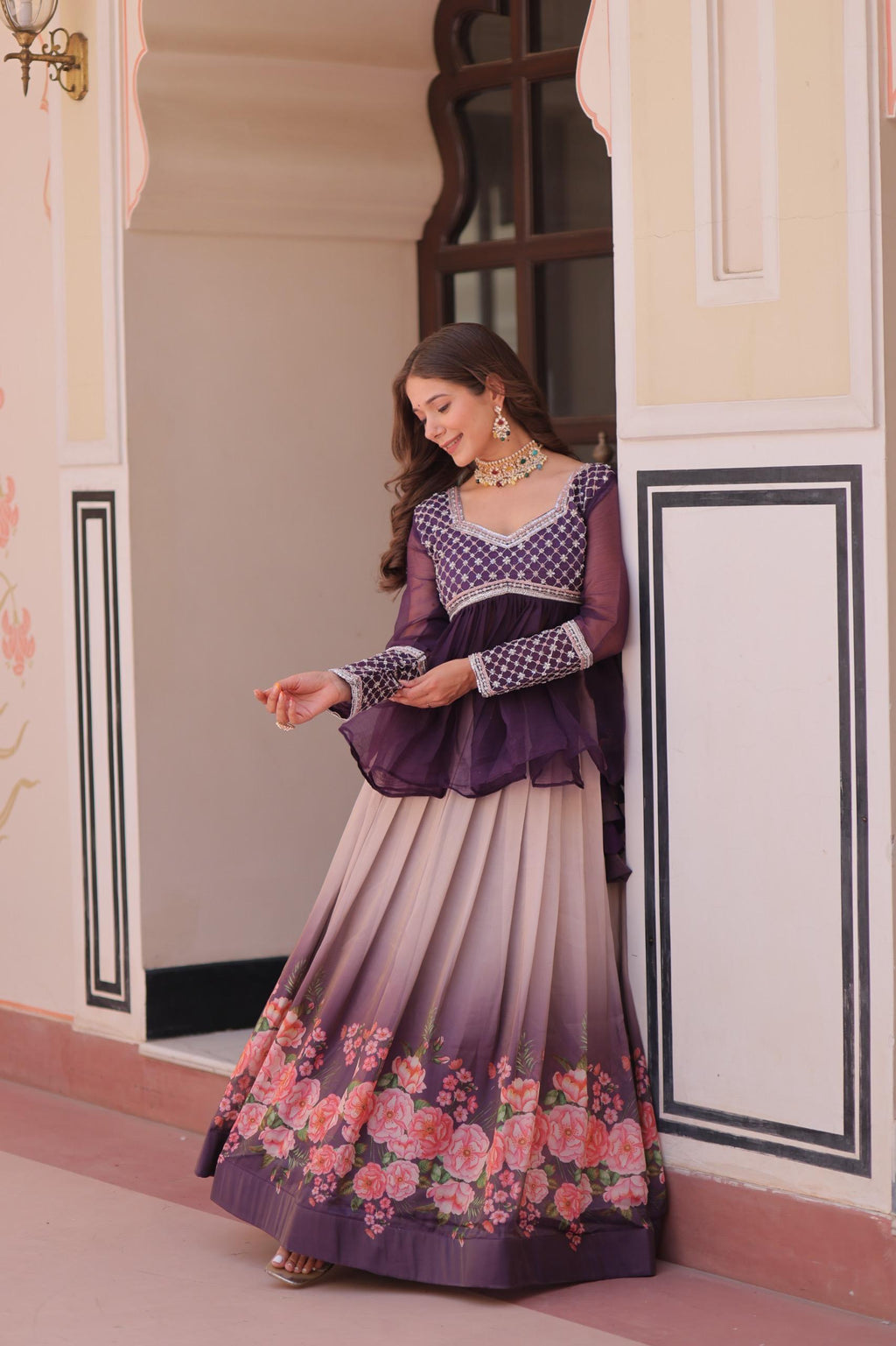 Purple Chiffon Embroidered Lehenga with Beaded Work - Full-Stitched
