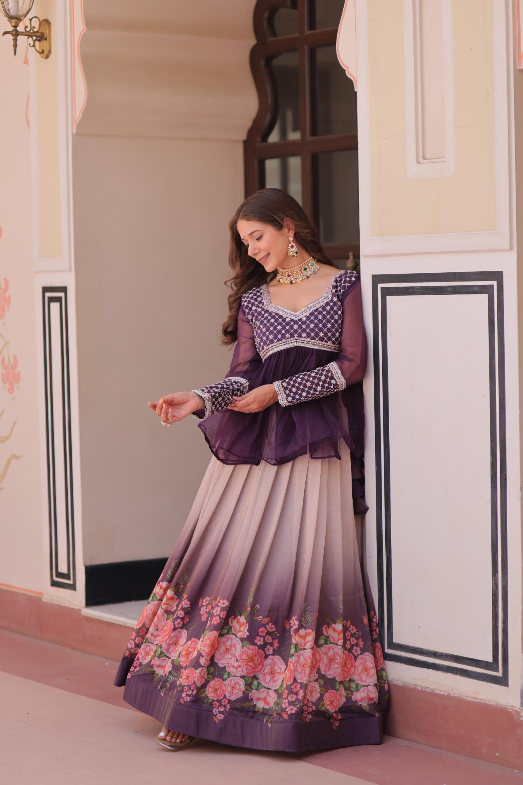 Purple Chiffon Embroidered Lehenga with Beaded Work - Full-Stitched