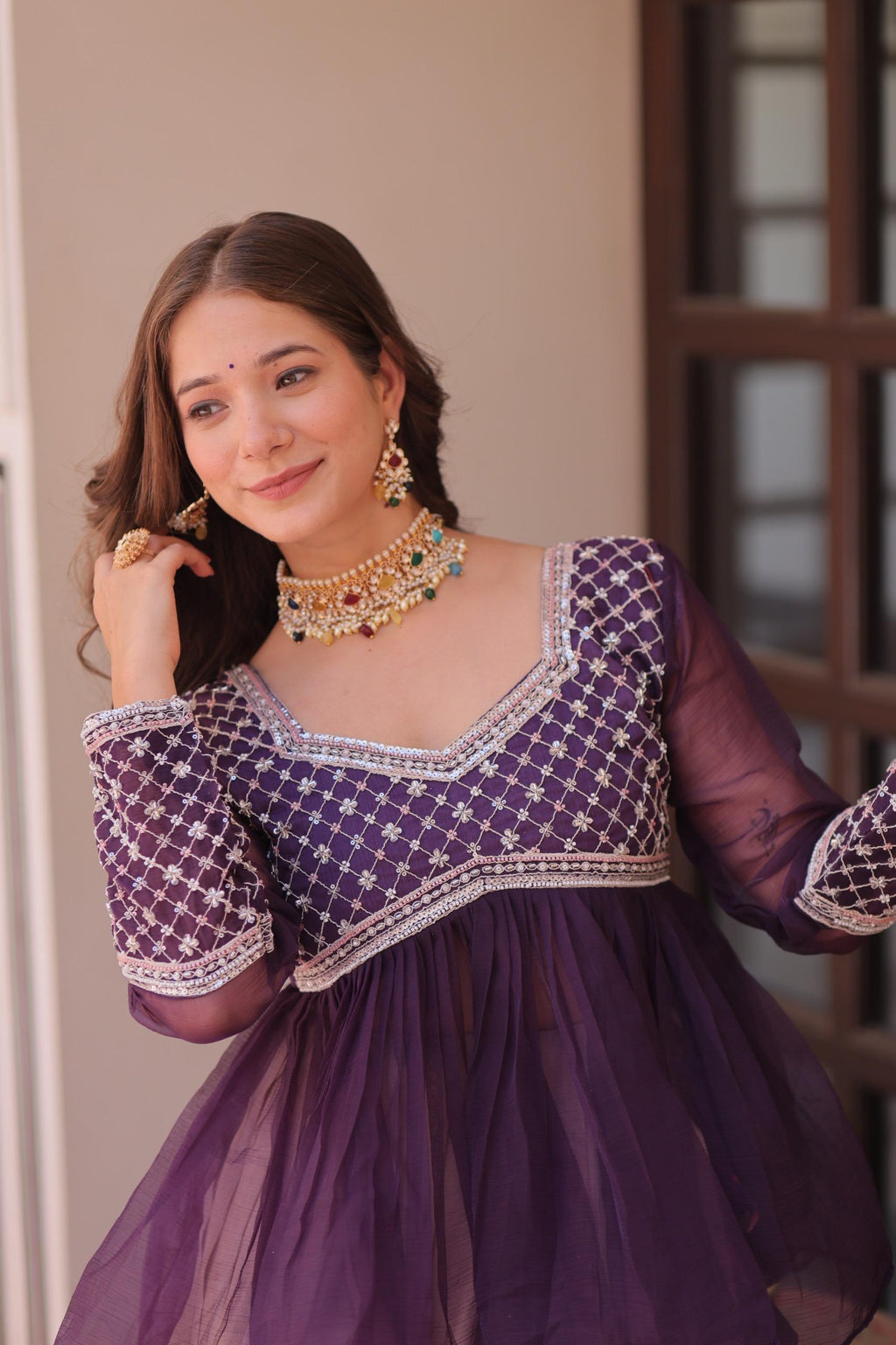 Purple Chiffon Embroidered Lehenga with Beaded Work - Full-Stitched
