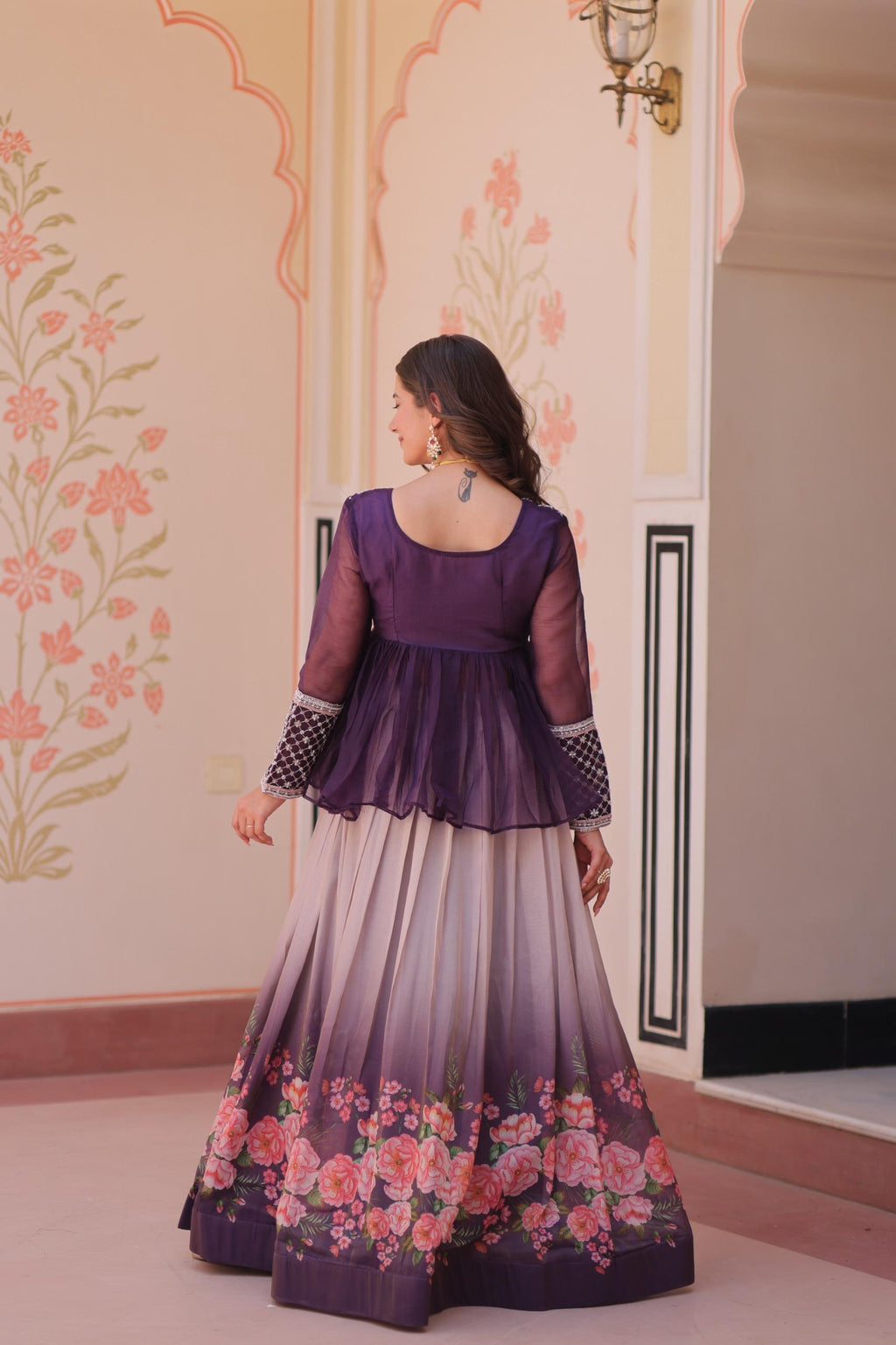 Purple Chiffon Embroidered Lehenga with Beaded Work - Full-Stitched