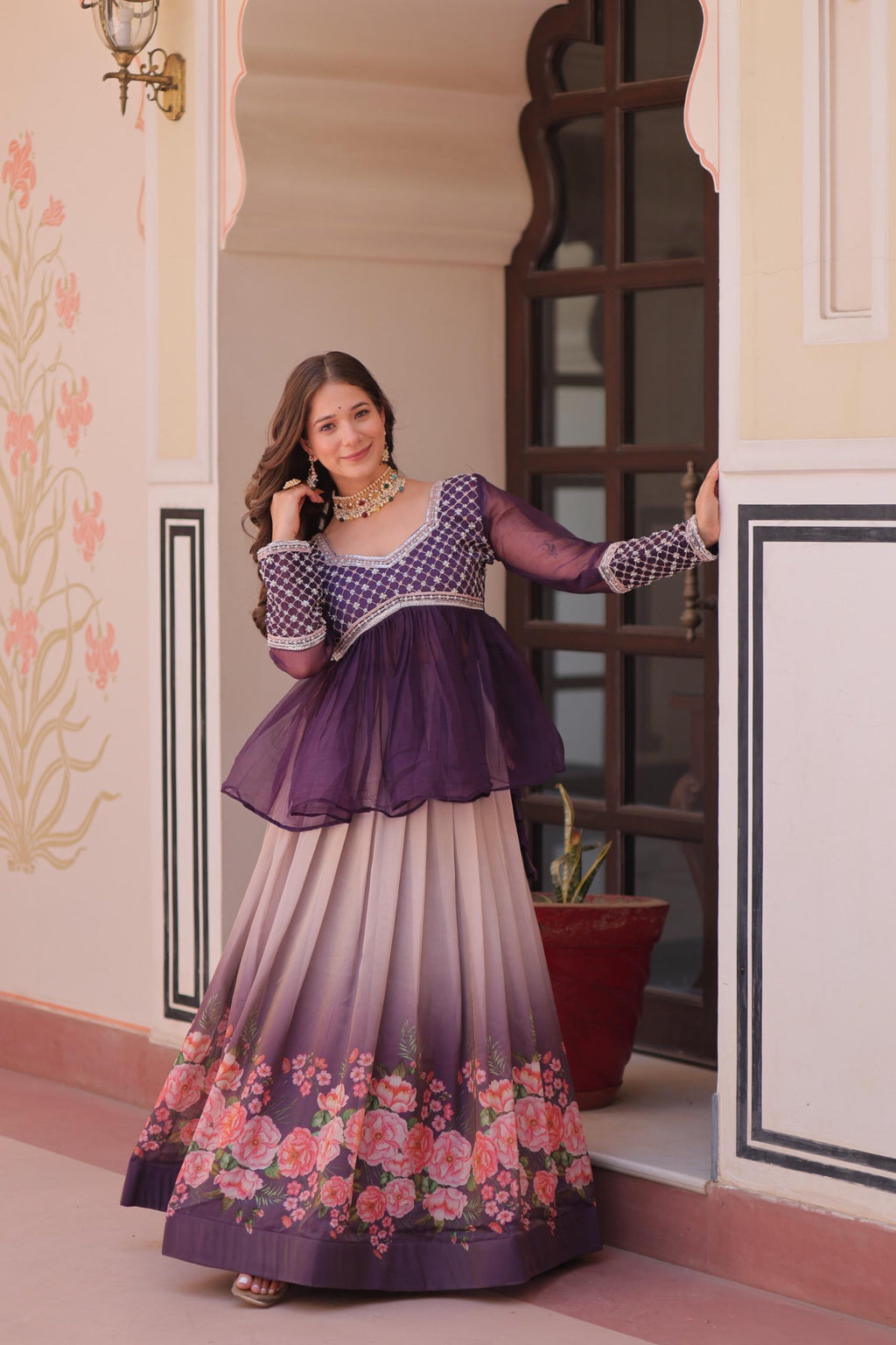 Purple Chiffon Embroidered Lehenga with Beaded Work - Full-Stitched