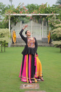 Multicolor Rayon lehenga choli with Gota-Patti lace featuring fuchsia and yellow accents