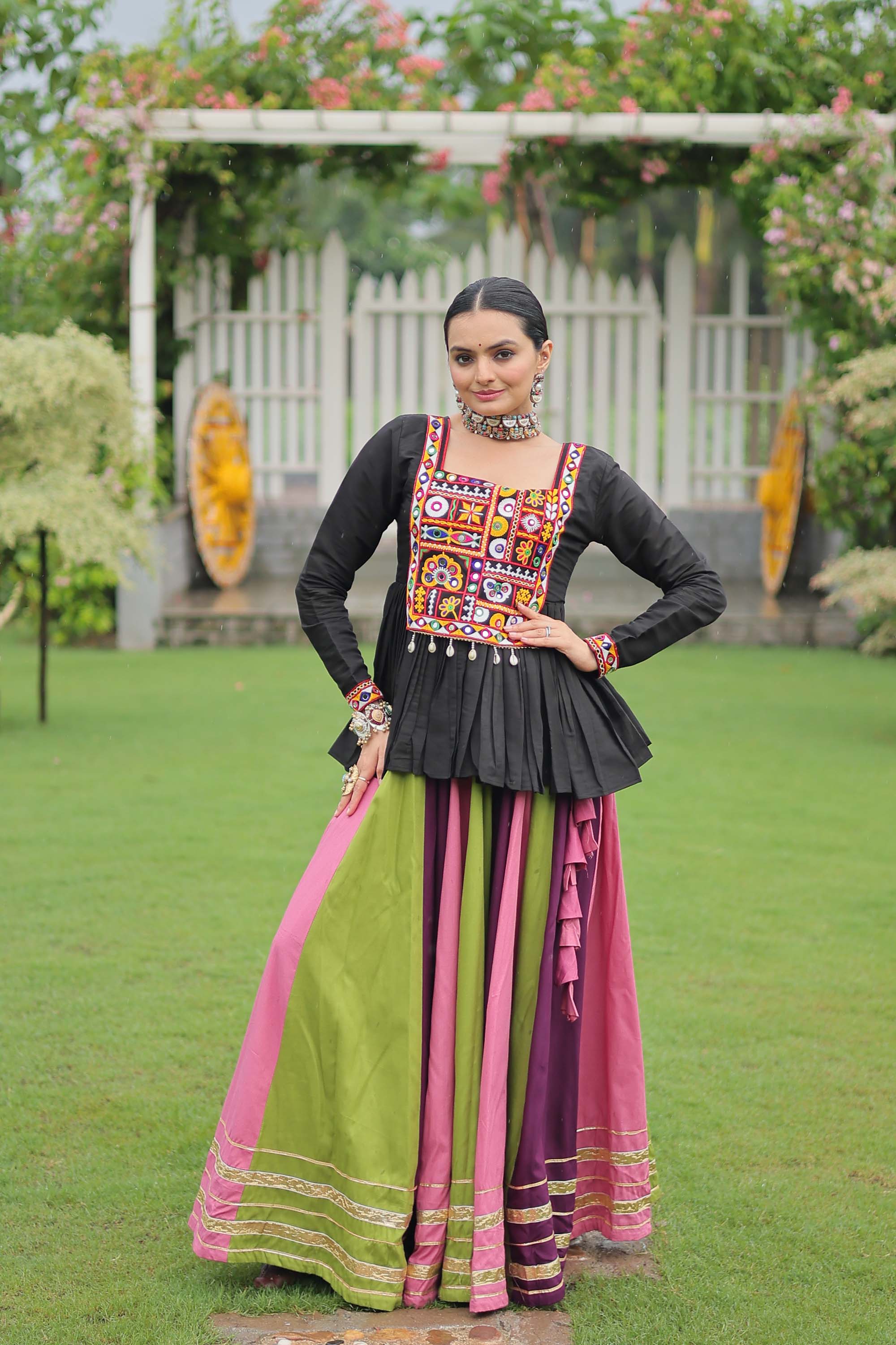 Multicolor 14kg rayon lehenga choli featuring intricate Gota-Patti lace detailing