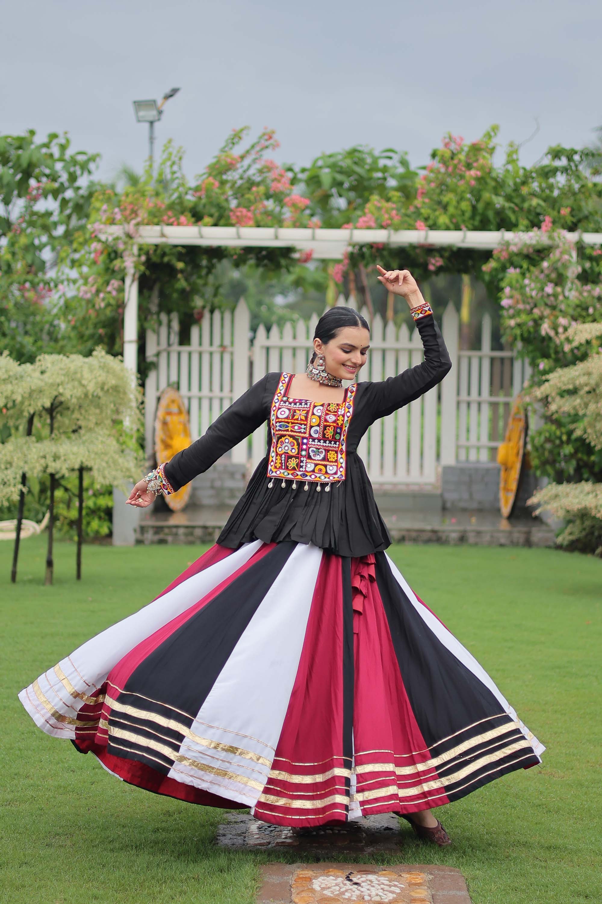 Multicolor Rayon lehenga skirt with Gota-Patti lace detailing and 8-meter flair