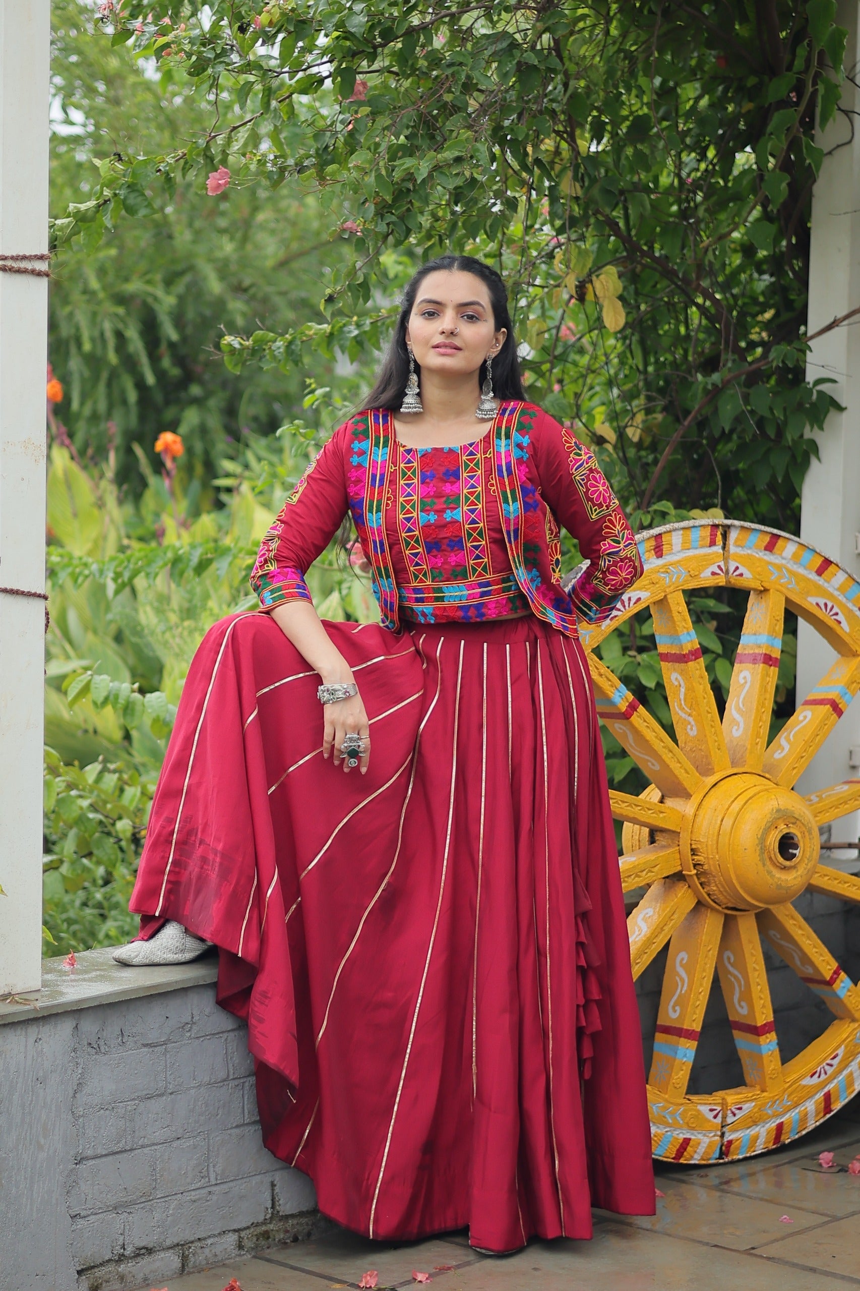 Prazu Fashion Maroon Roman Silk Kutchi Gamthi Embroidered Work Lehenga For Navaratri