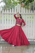 Prazu Fashion Maroon Roman Silk Kutchi Gamthi Embroidered Work Lehenga For Navaratri