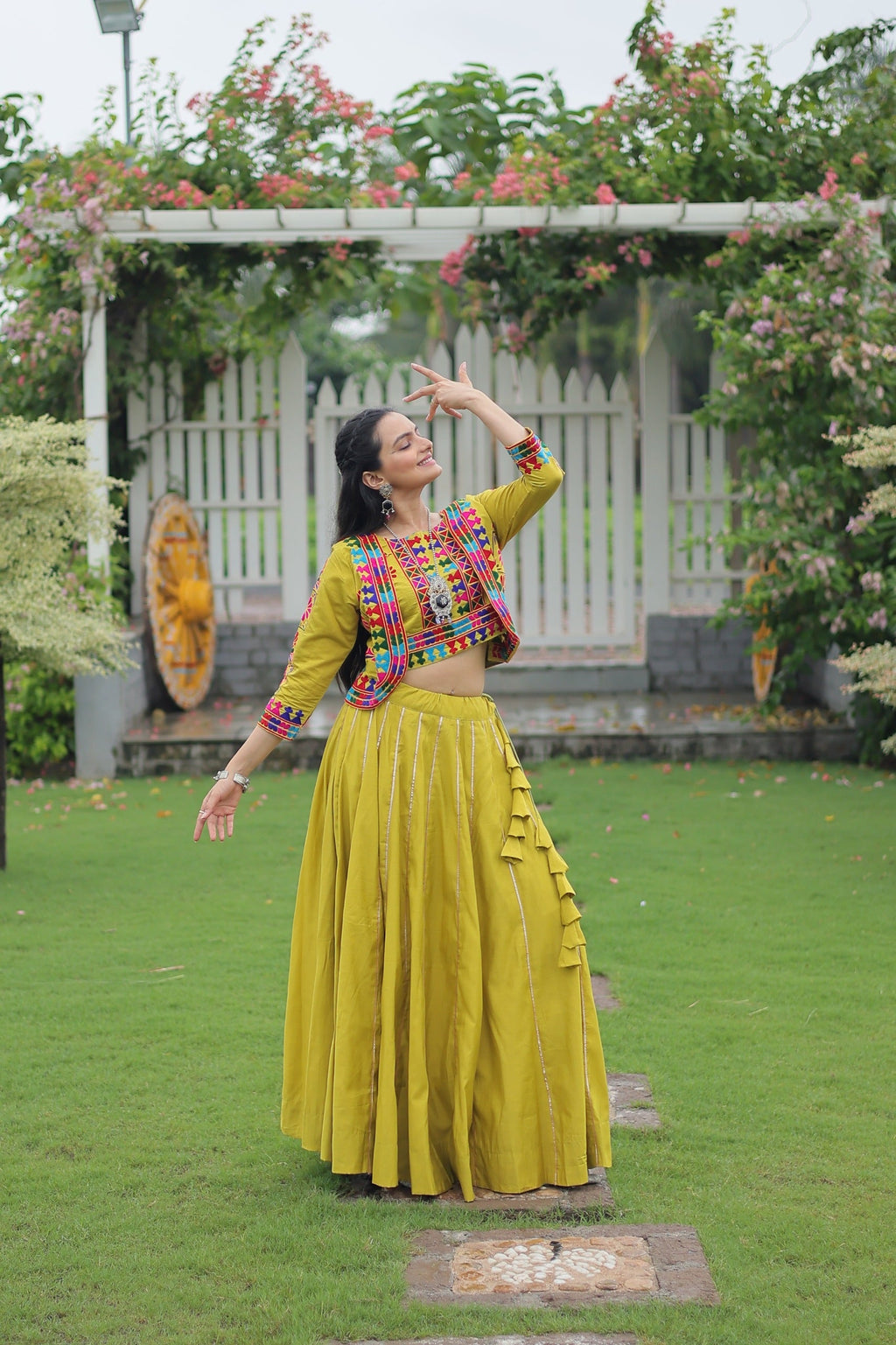Parrot Green Roman Silk Kutchi Gamthi Embroidered Lehenga Skirt