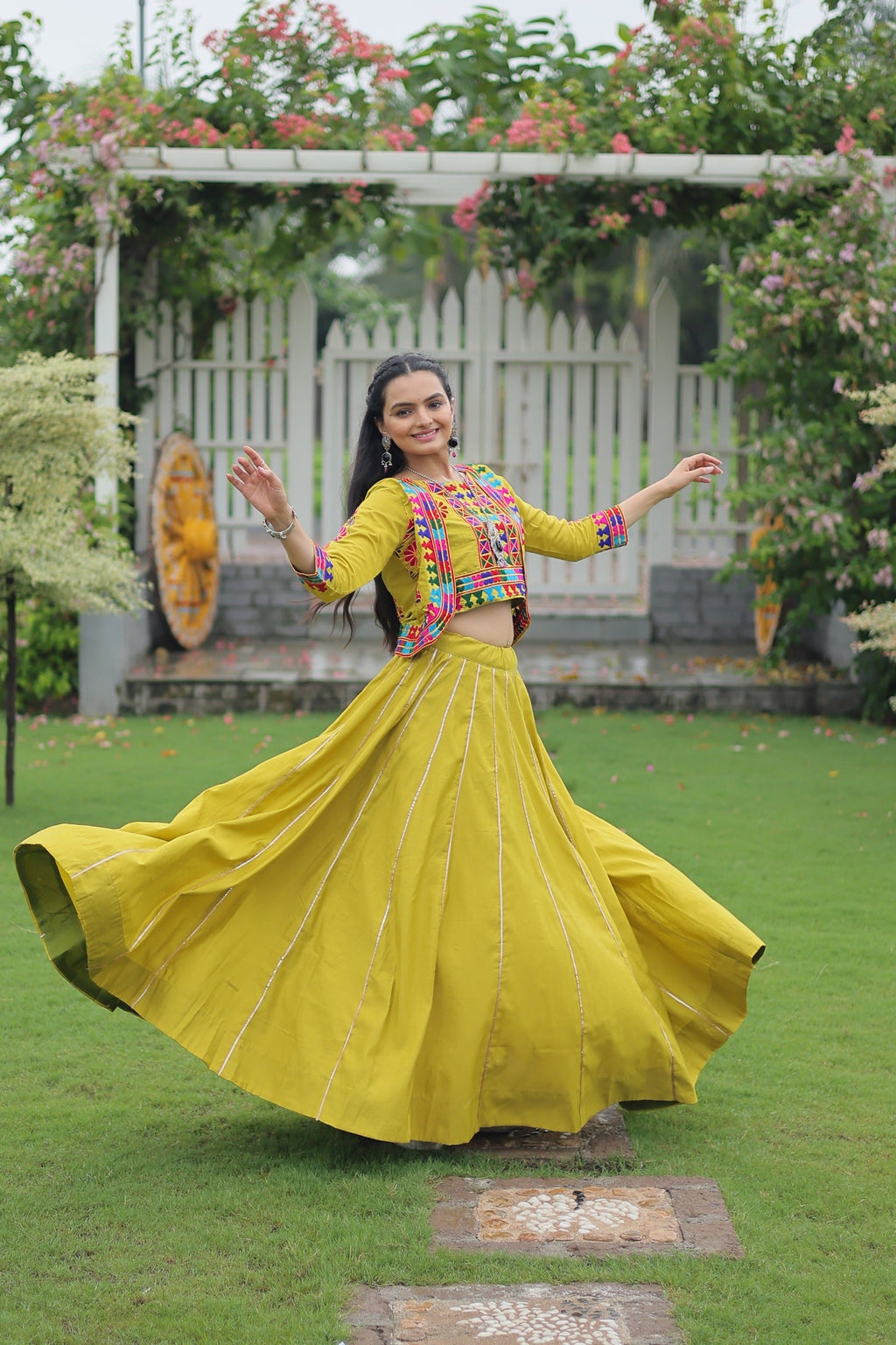 Parrot Green Roman Silk Kutchi Gamthi Embroidered Lehenga Skirt