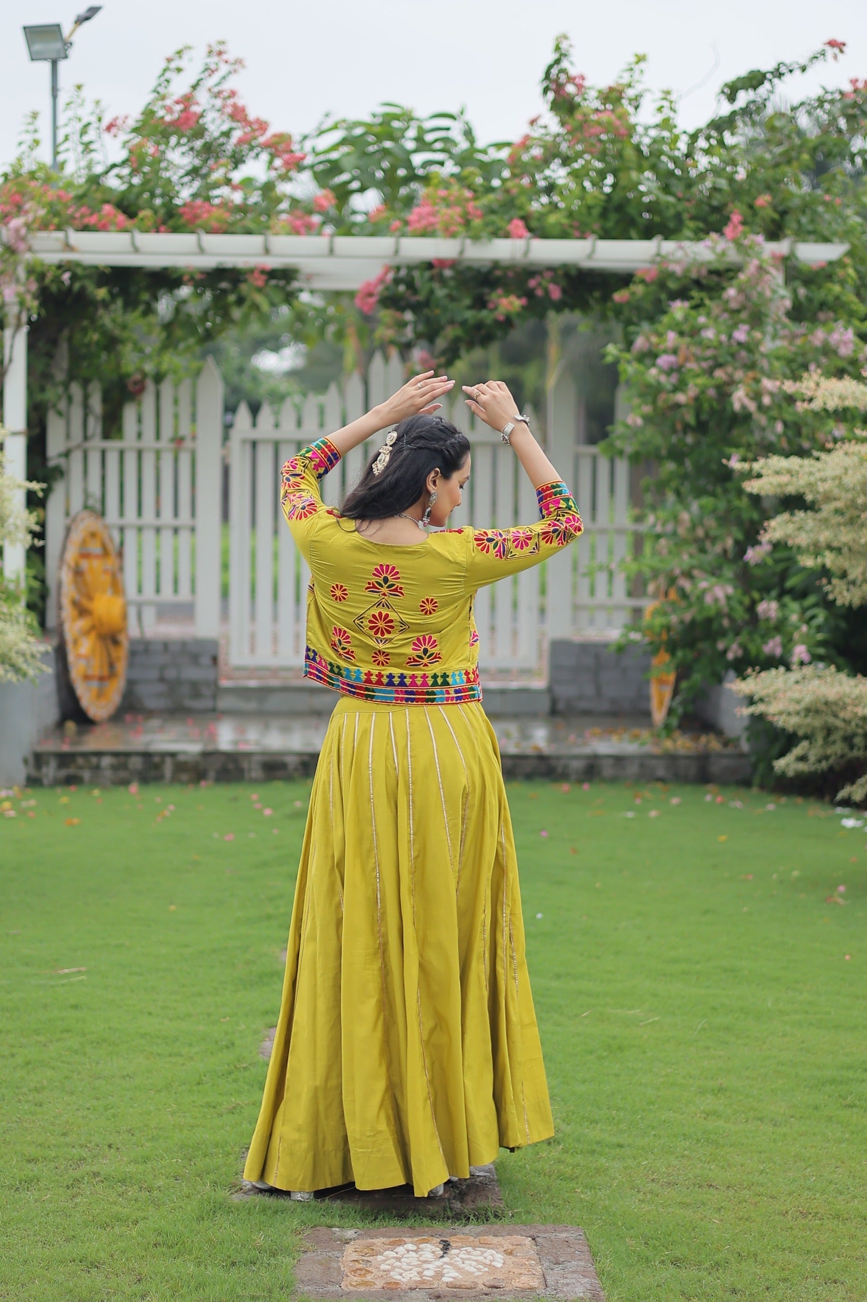 Parrot Green Roman Silk Kutchi Gamthi Embroidered Lehenga Skirt