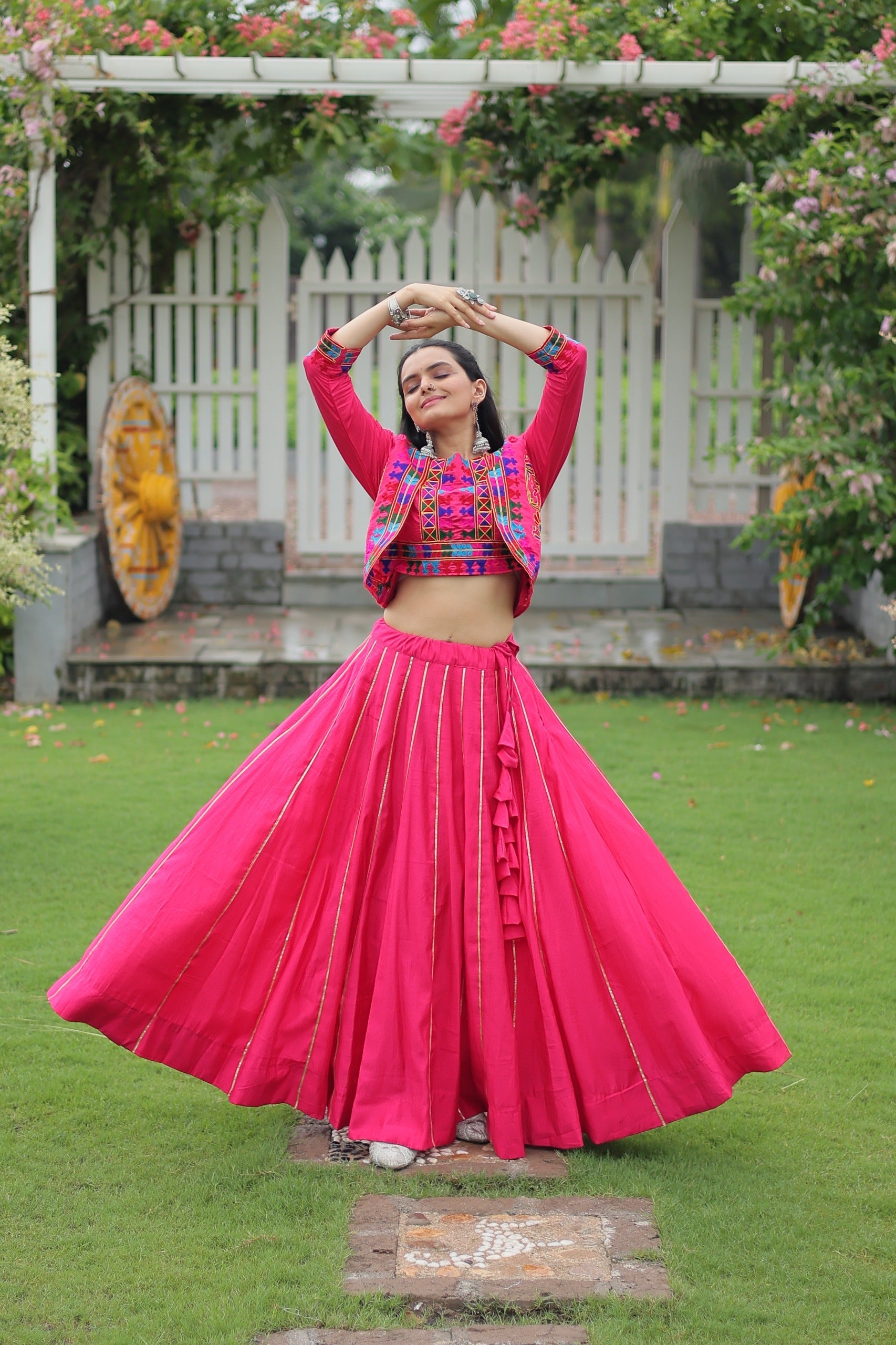 Prazu Fashion Pink Roman Silk Kutchi Gamthi Embroidered Work Lehenga For Navaratri
