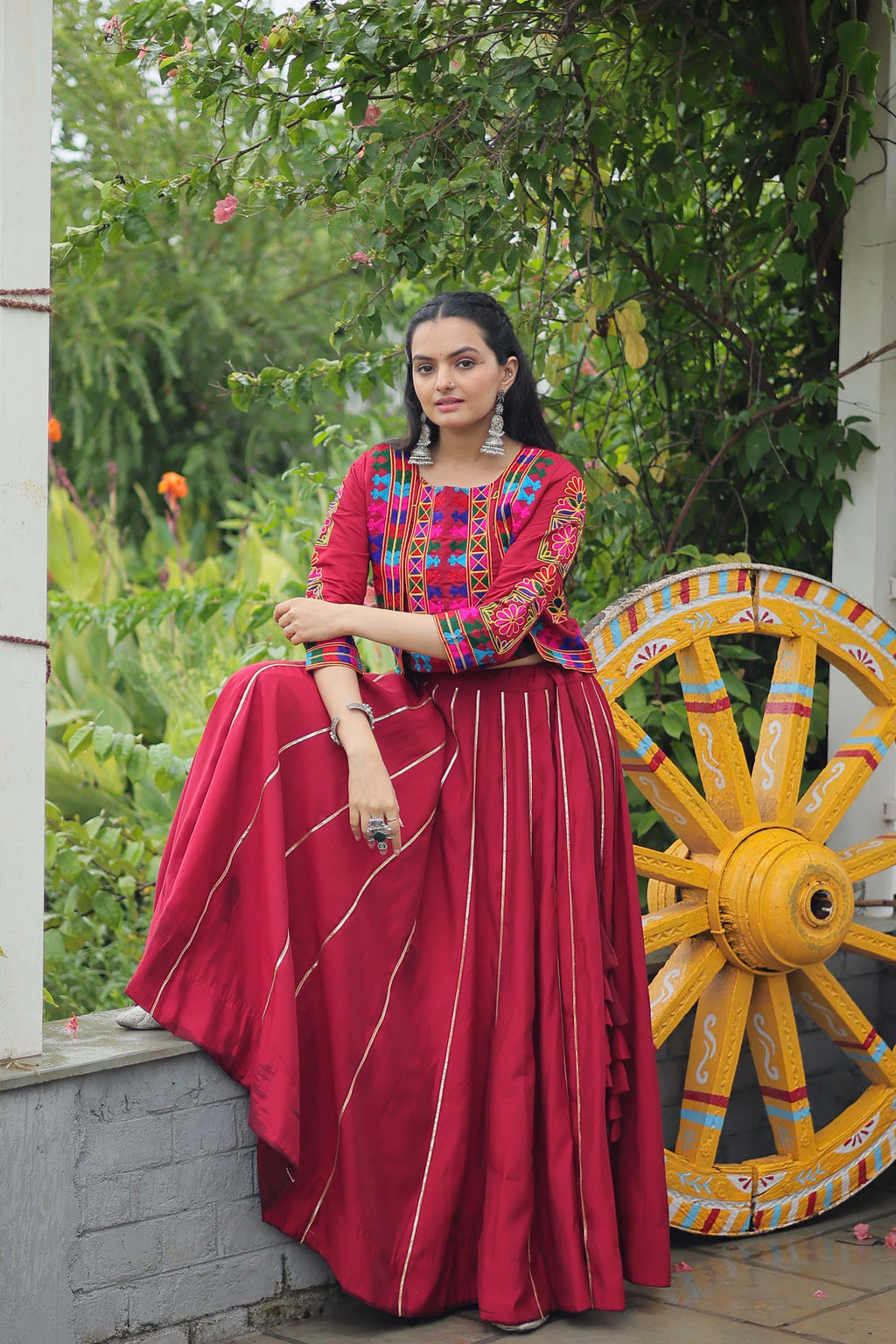 Maroon Roman Silk Lehenga Choli with Traditional Gota-Patti Lace