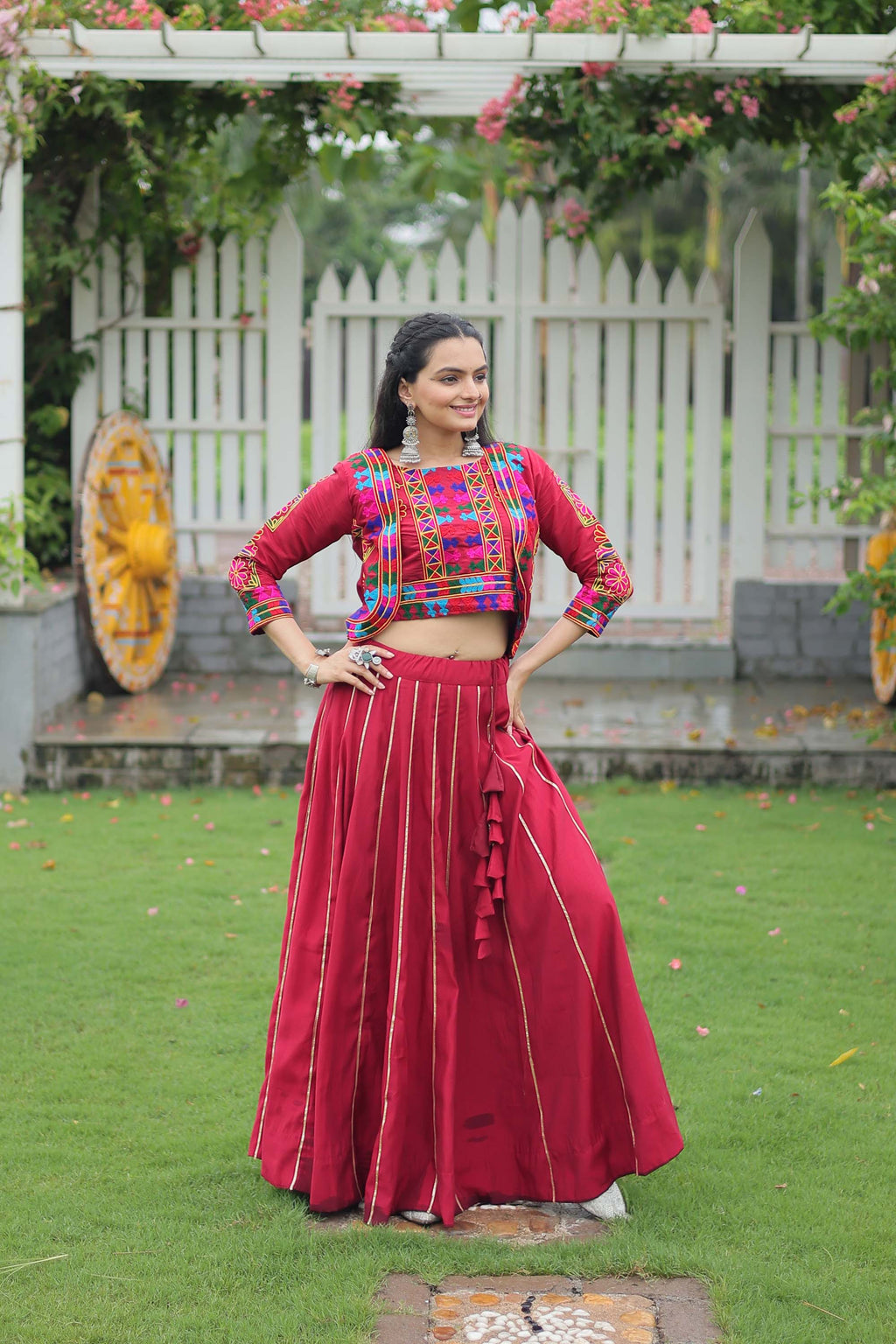 Maroon Roman Silk Lehenga Choli with Traditional Gota-Patti Lace