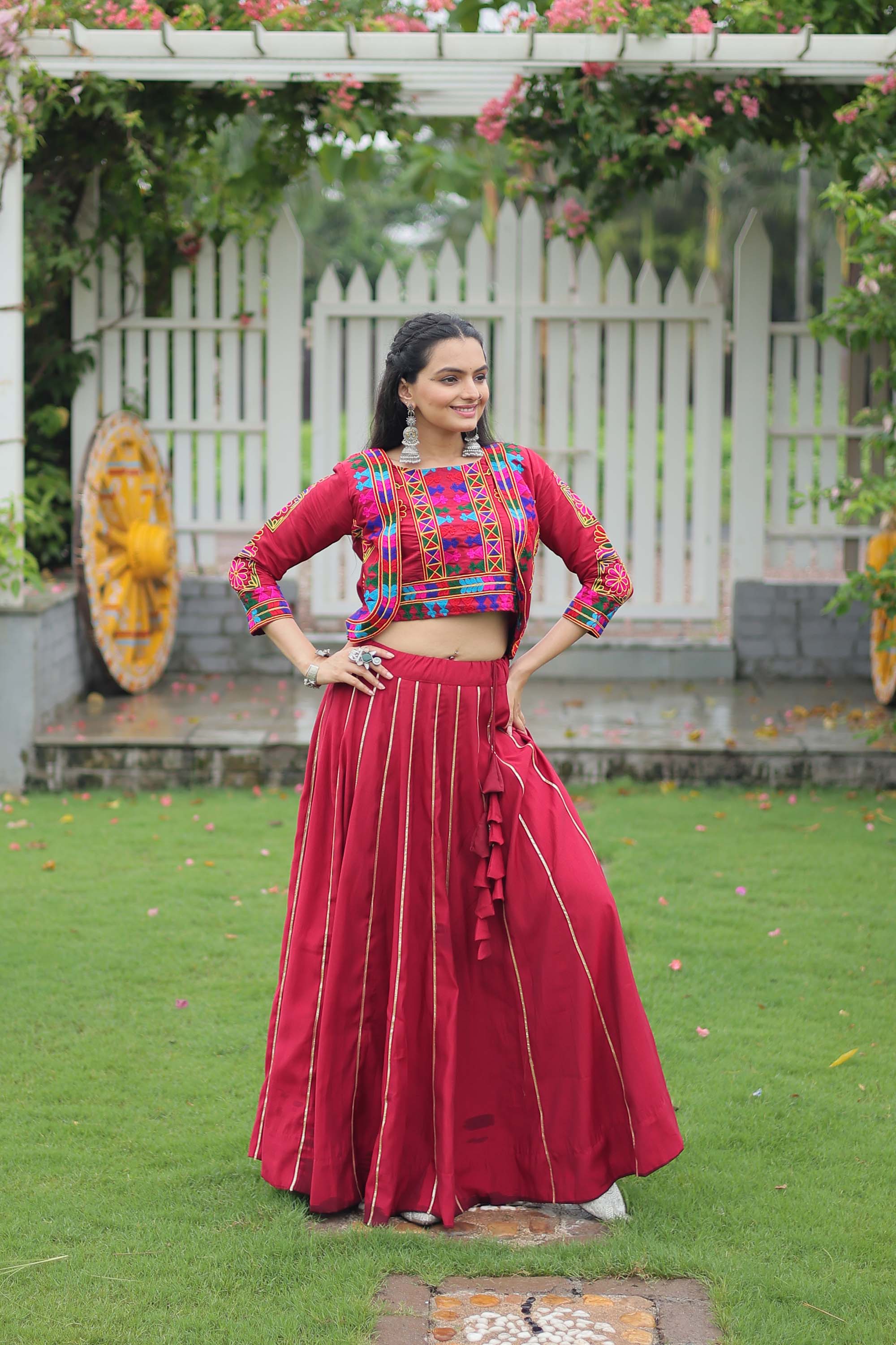 Maroon Roman Silk Lehenga Choli with Traditional Gota-Patti Lace
