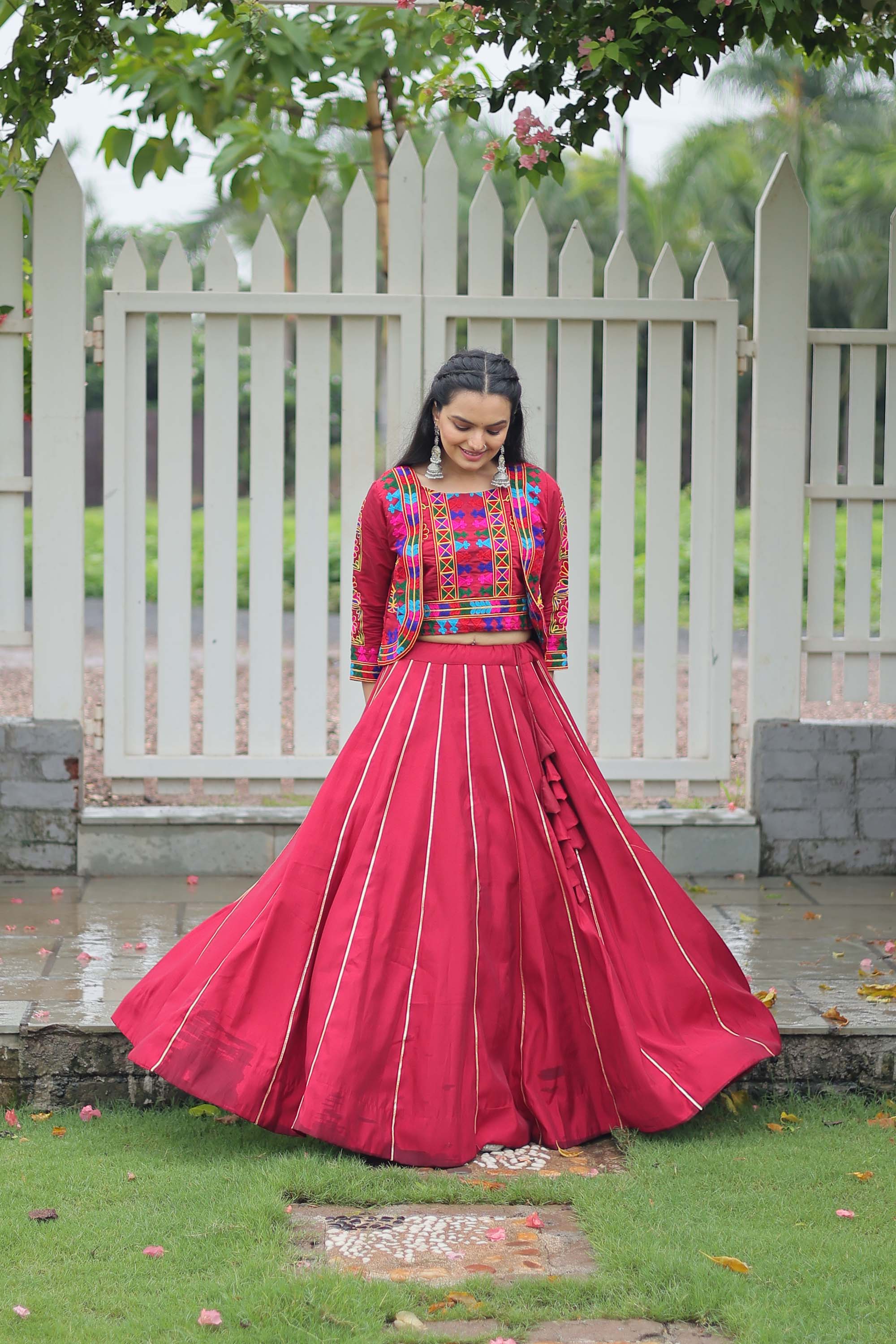 Maroon Roman Silk Lehenga Choli with Traditional Gota-Patti Lace