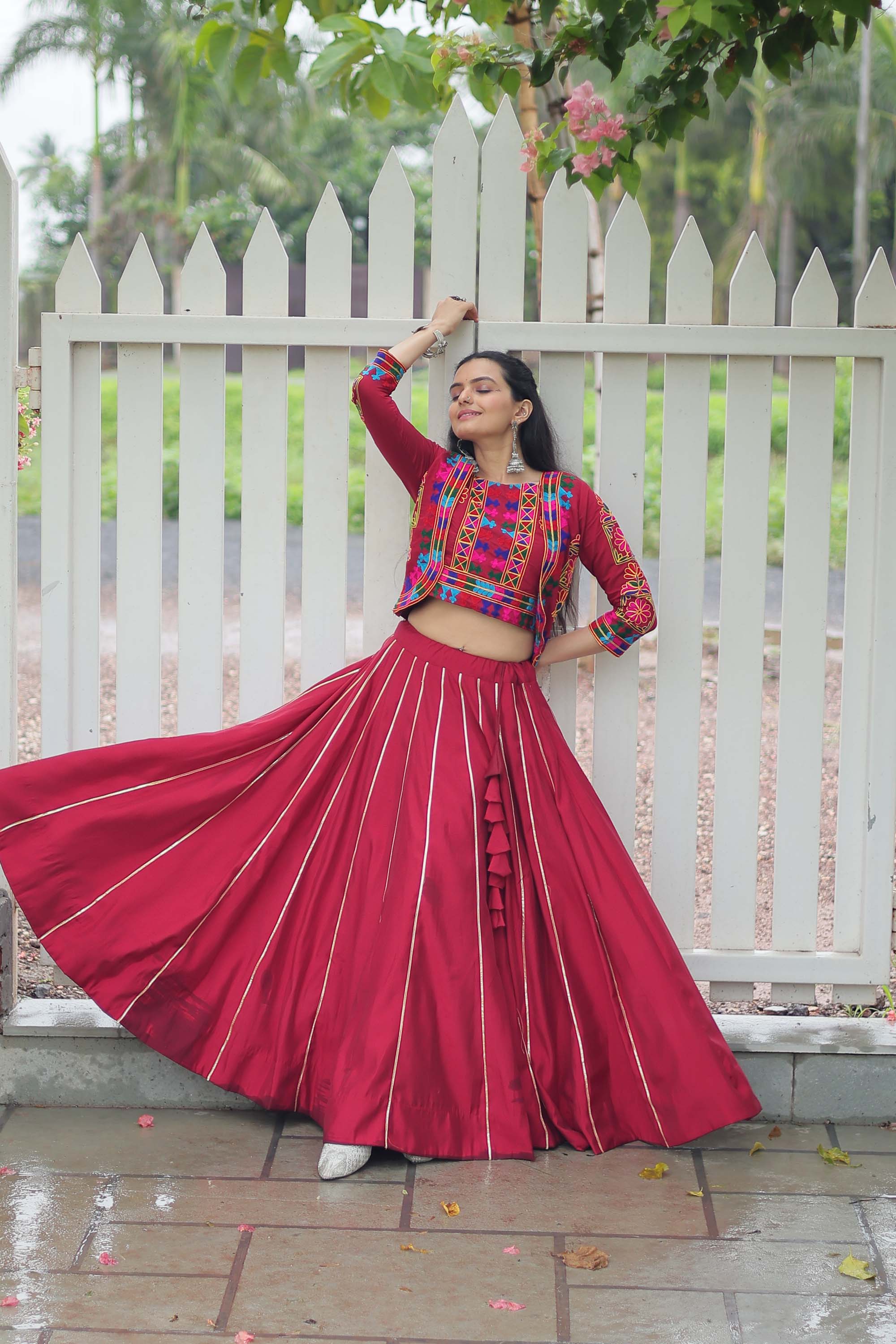 Maroon Roman Silk Lehenga Choli with Traditional Gota-Patti Lace