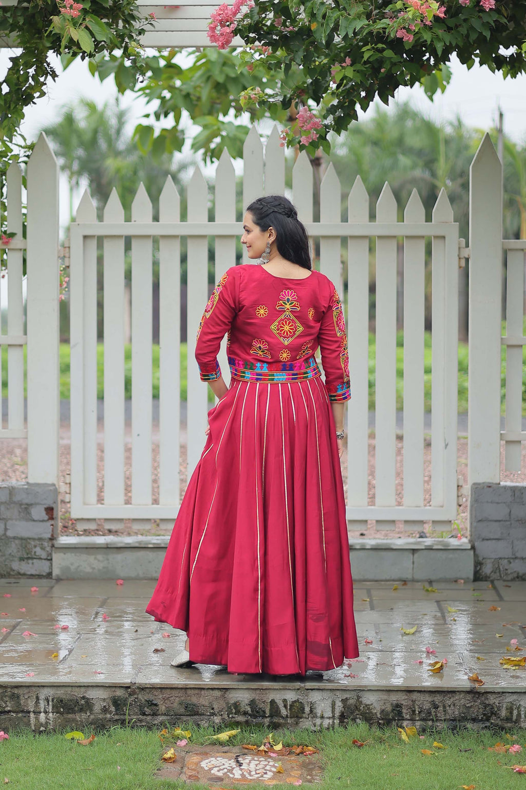 Maroon Roman Silk Lehenga Choli with Traditional Gota-Patti Lace