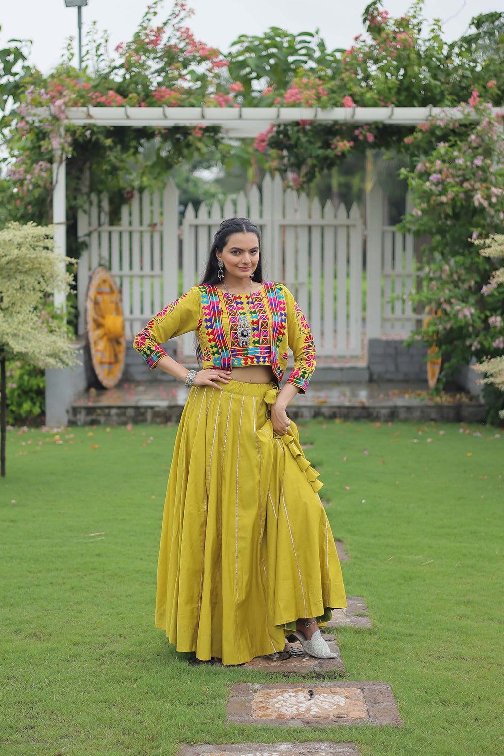 Parotgreen Roman Silk lehenga with multi-color Gota-Patti lace details
