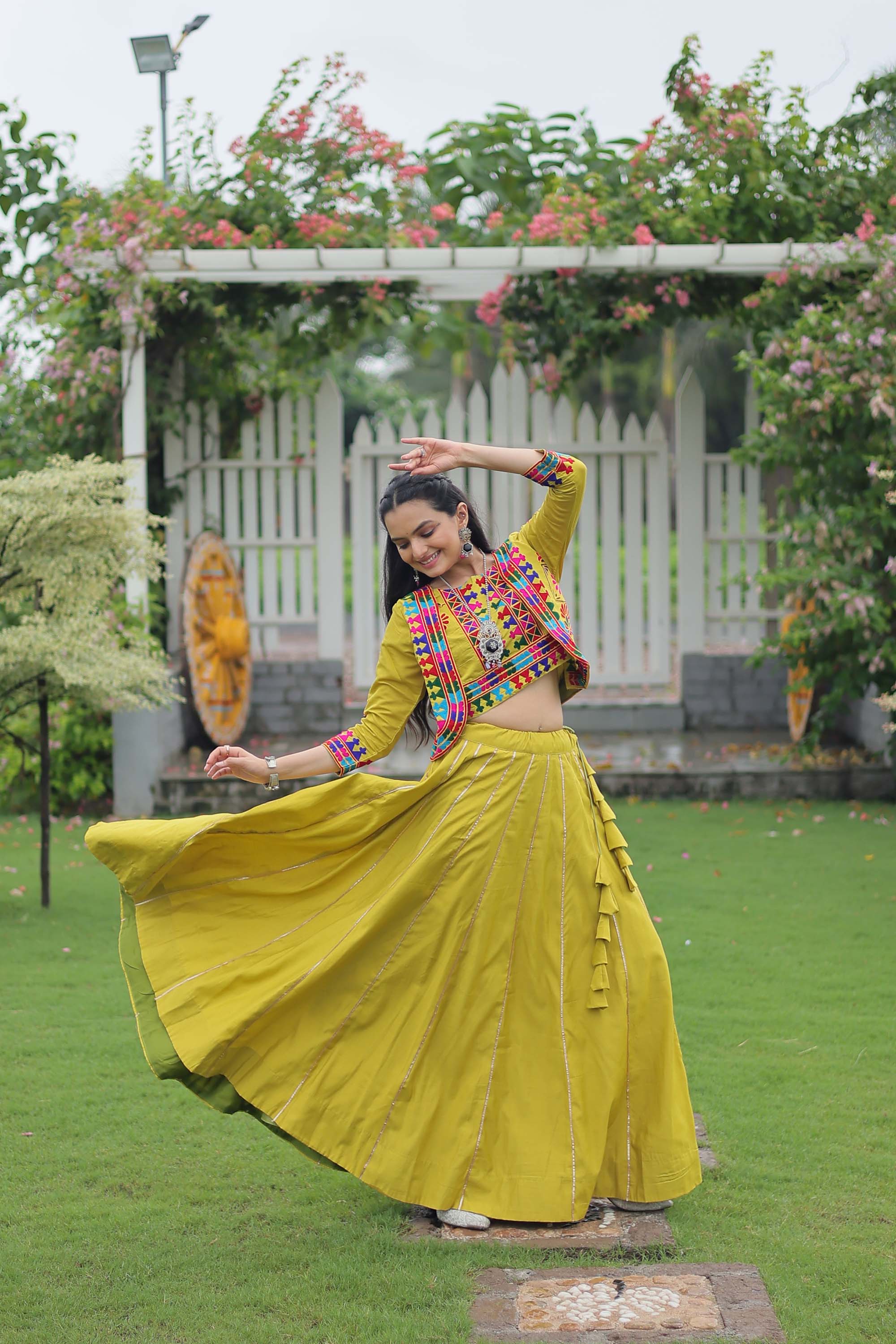 Parotgreen Roman Silk Lehenga Choli with Gota-Patti Lace
