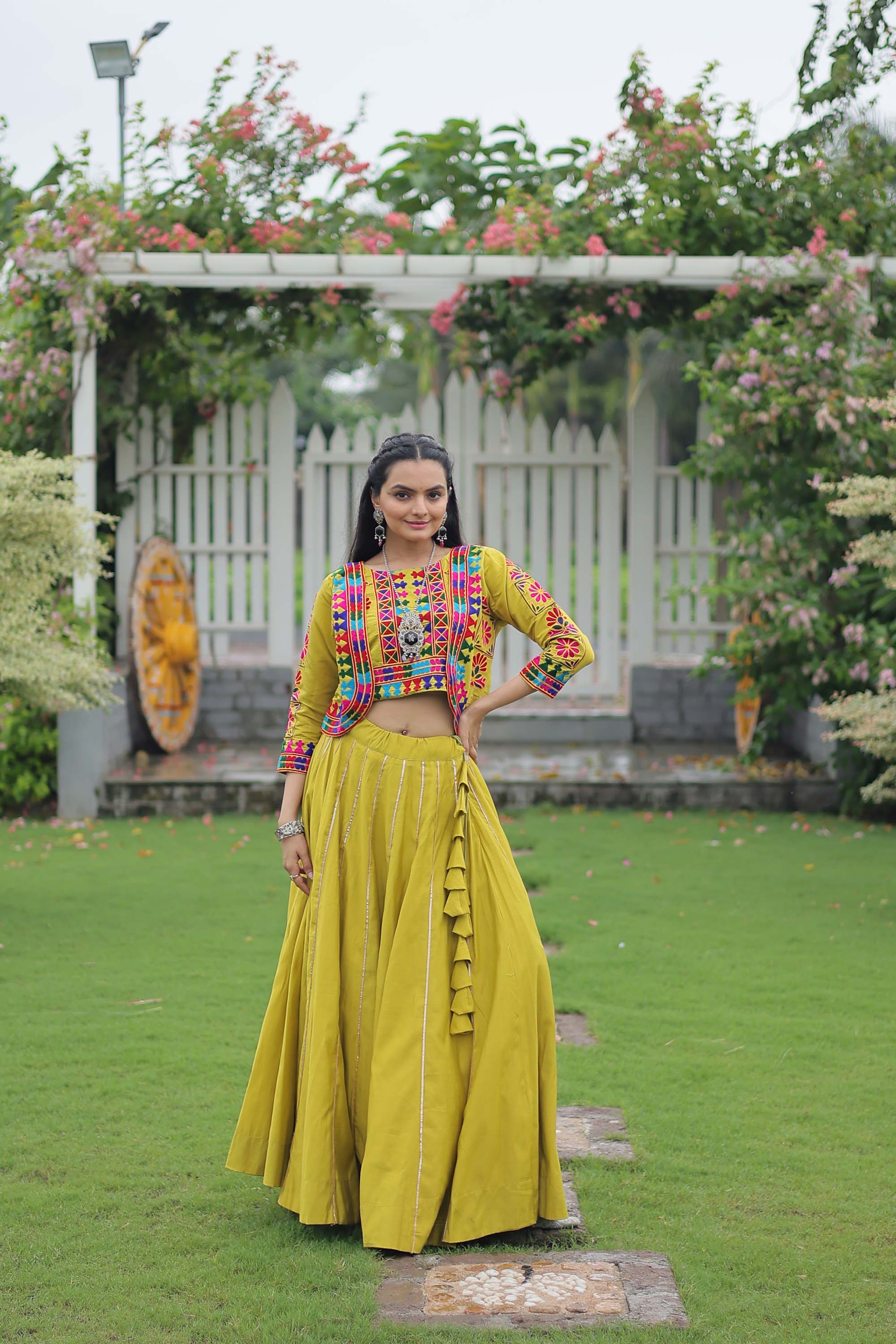 Parotgreen Roman Silk Lehenga Choli with Gota-Patti Lace