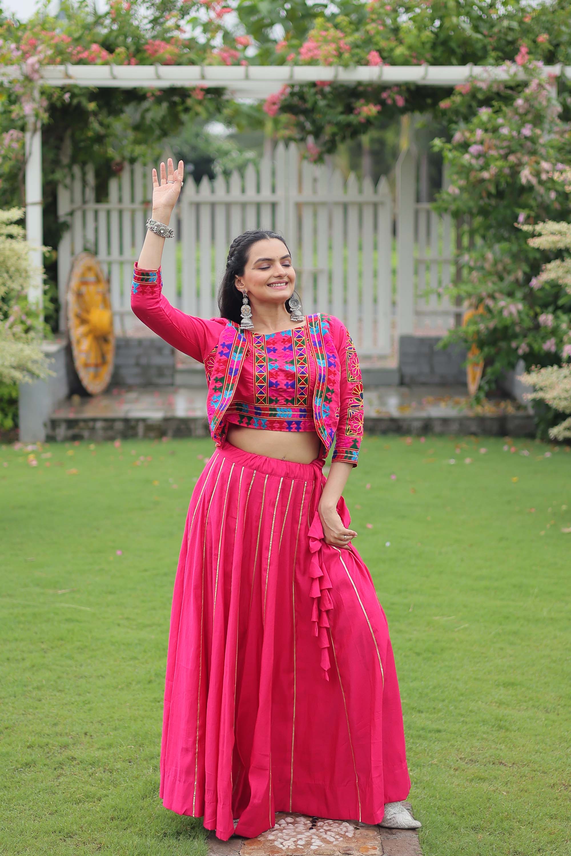 Pink Roman Silk Lehenga Choli with Gota-Patti Lace Work