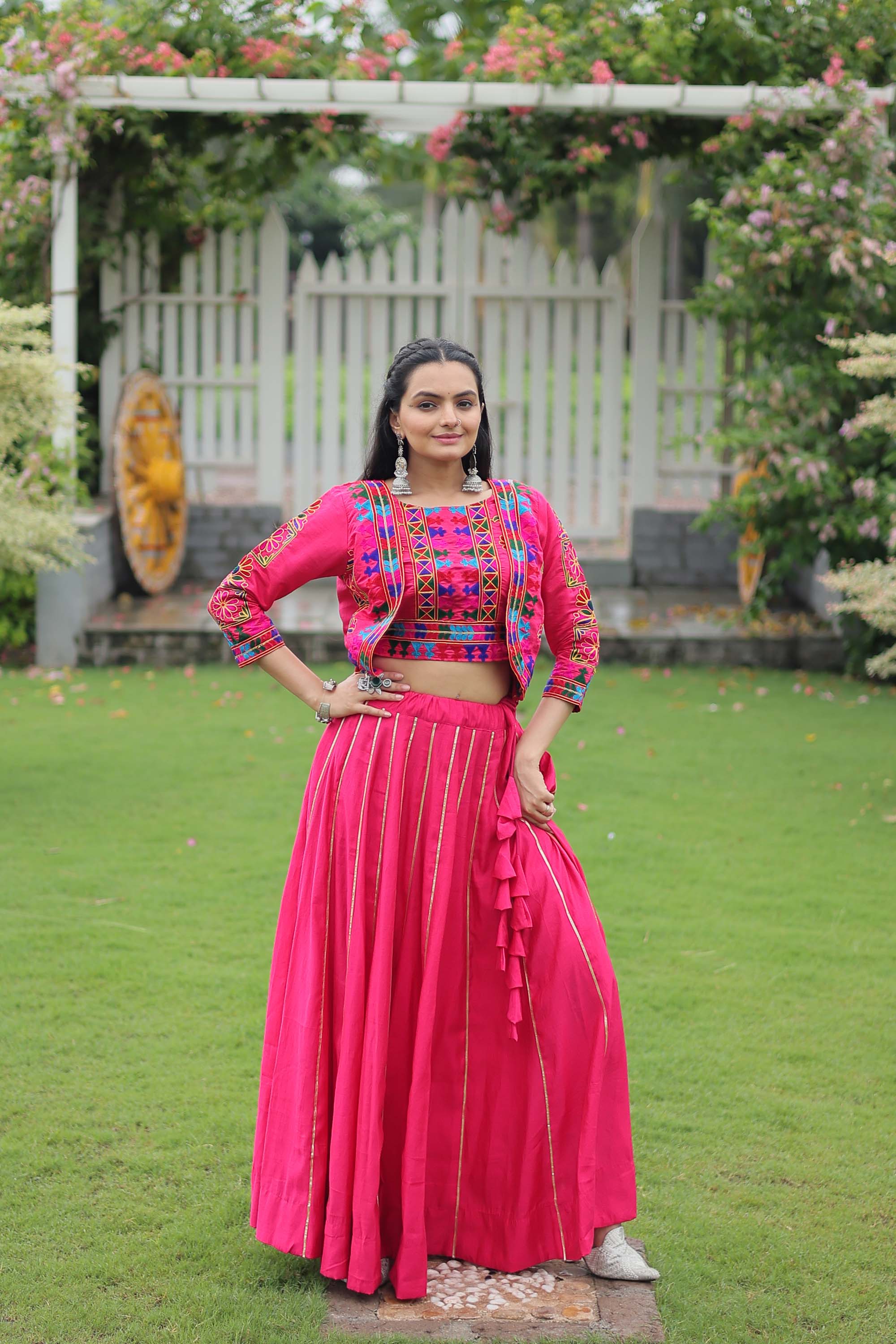 Pink Roman Silk lehenga choli with ornate Gota-Patti lace trim for festive wear