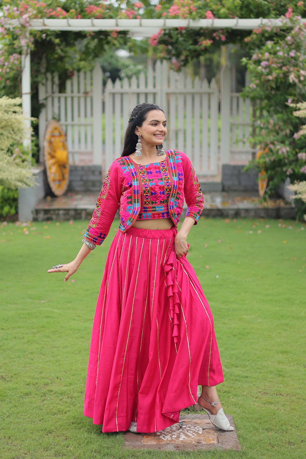 Pink Roman Silk Lehenga Choli with Gota-Patti Lace Work