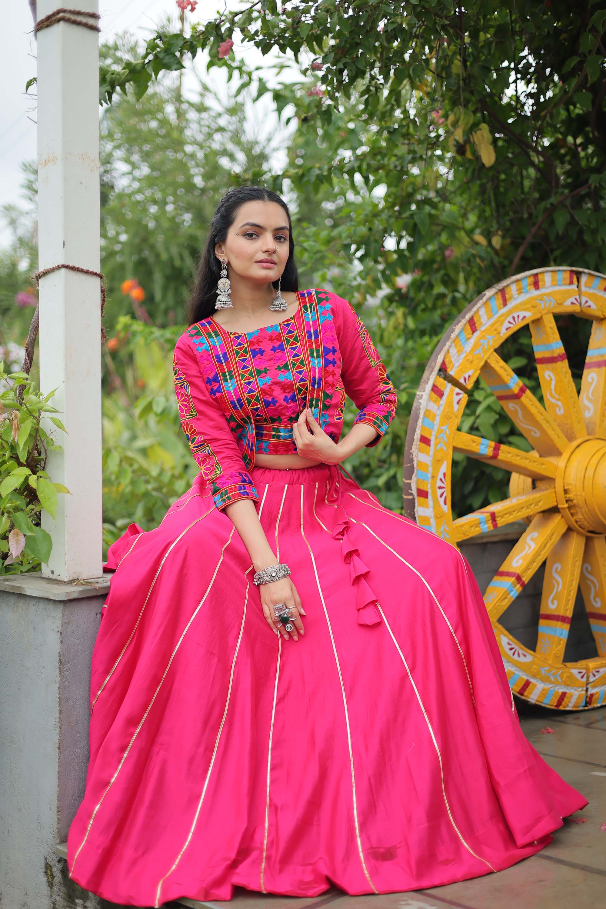 Pink Roman Silk Lehenga Choli with Gota-Patti Lace Work