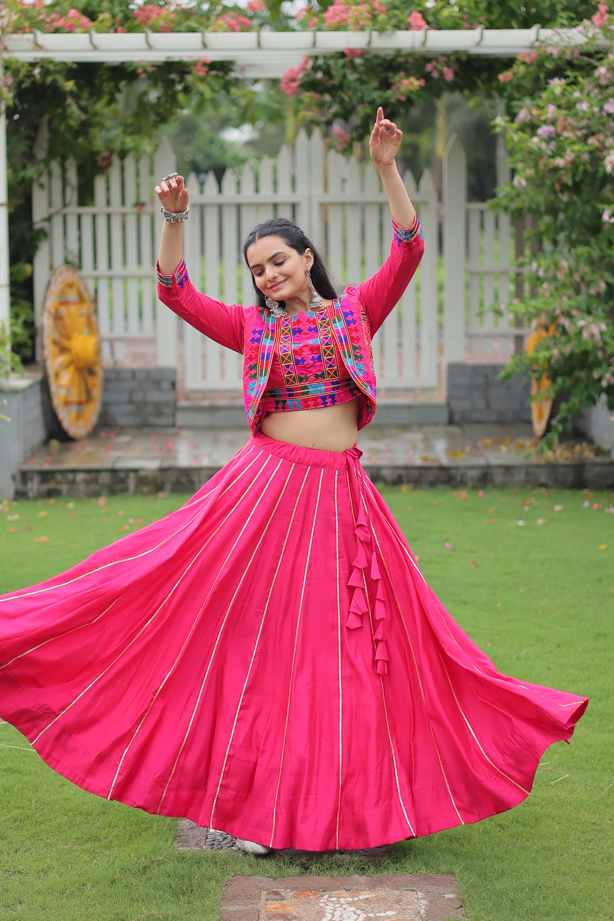 Pink Roman Silk Lehenga Choli with Gota-Patti Lace Work