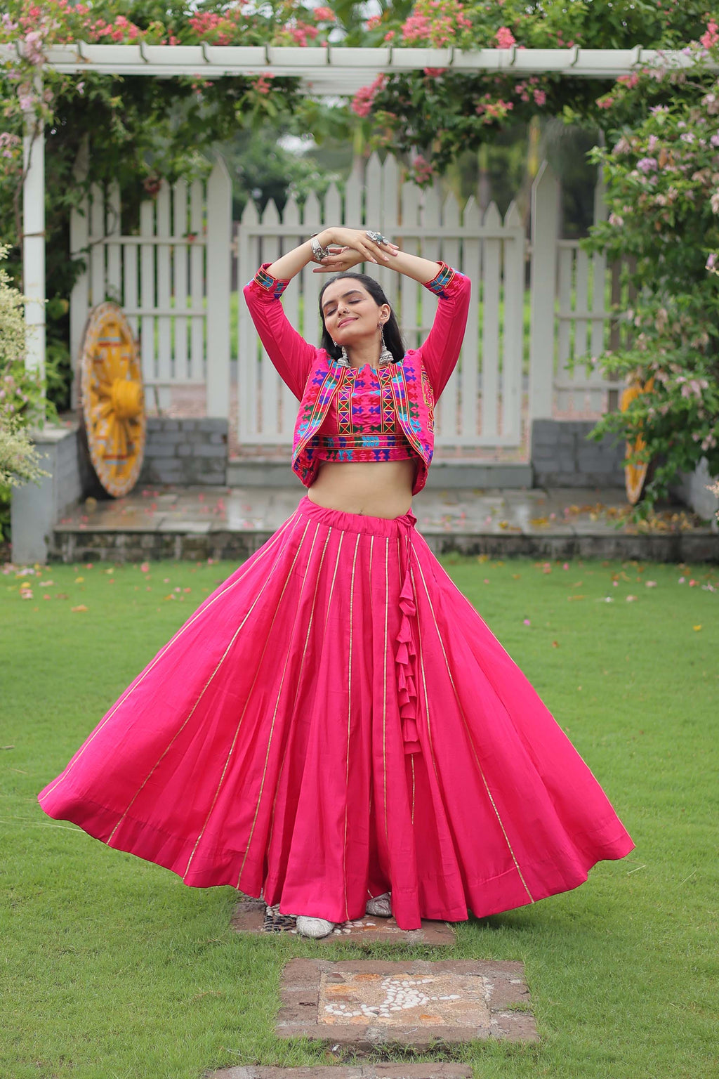 Pink Roman Silk Lehenga Choli with Gota-Patti Lace Work