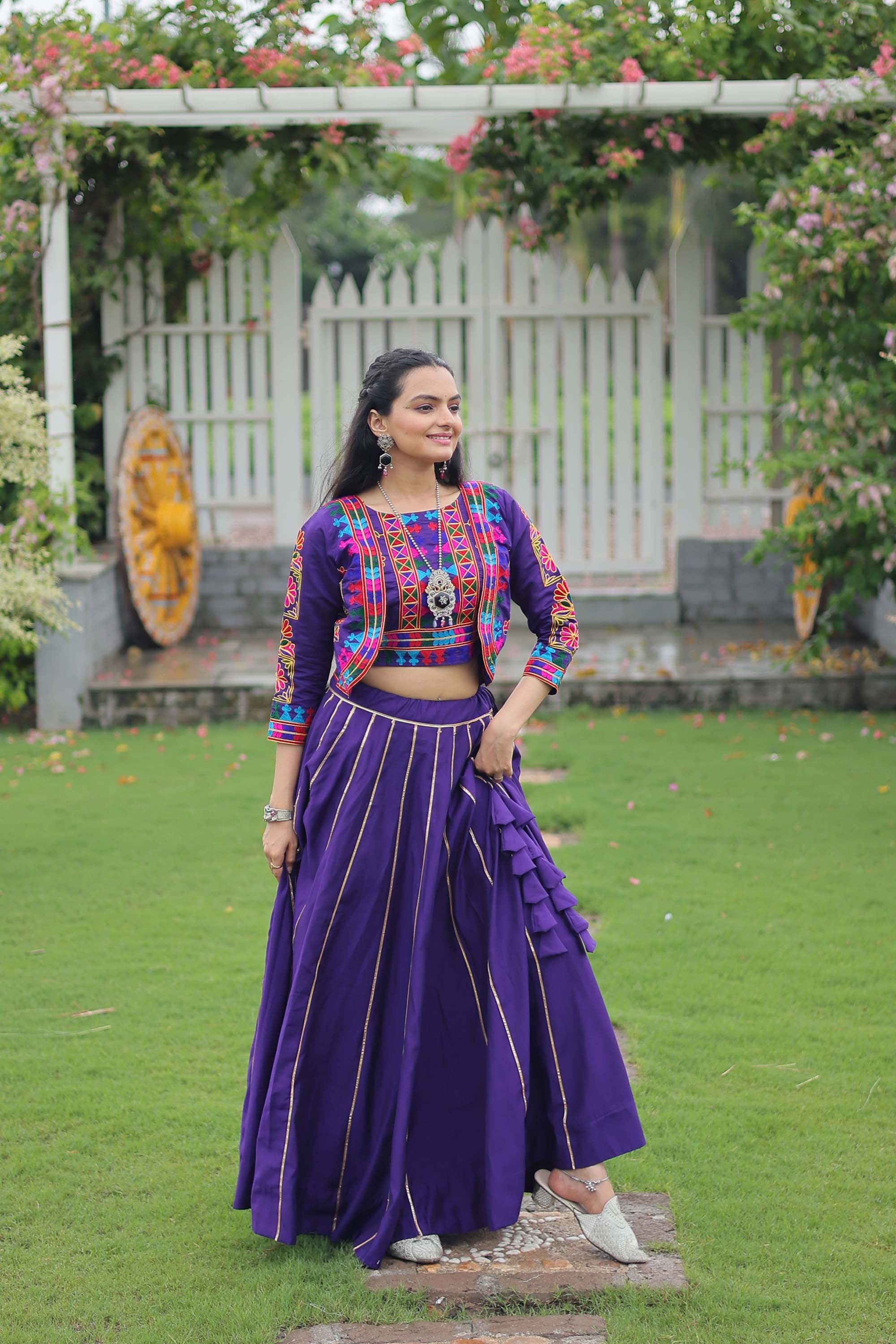 Purple Roman Silk Lehenga Choli with Traditional Gota-Patti Lace