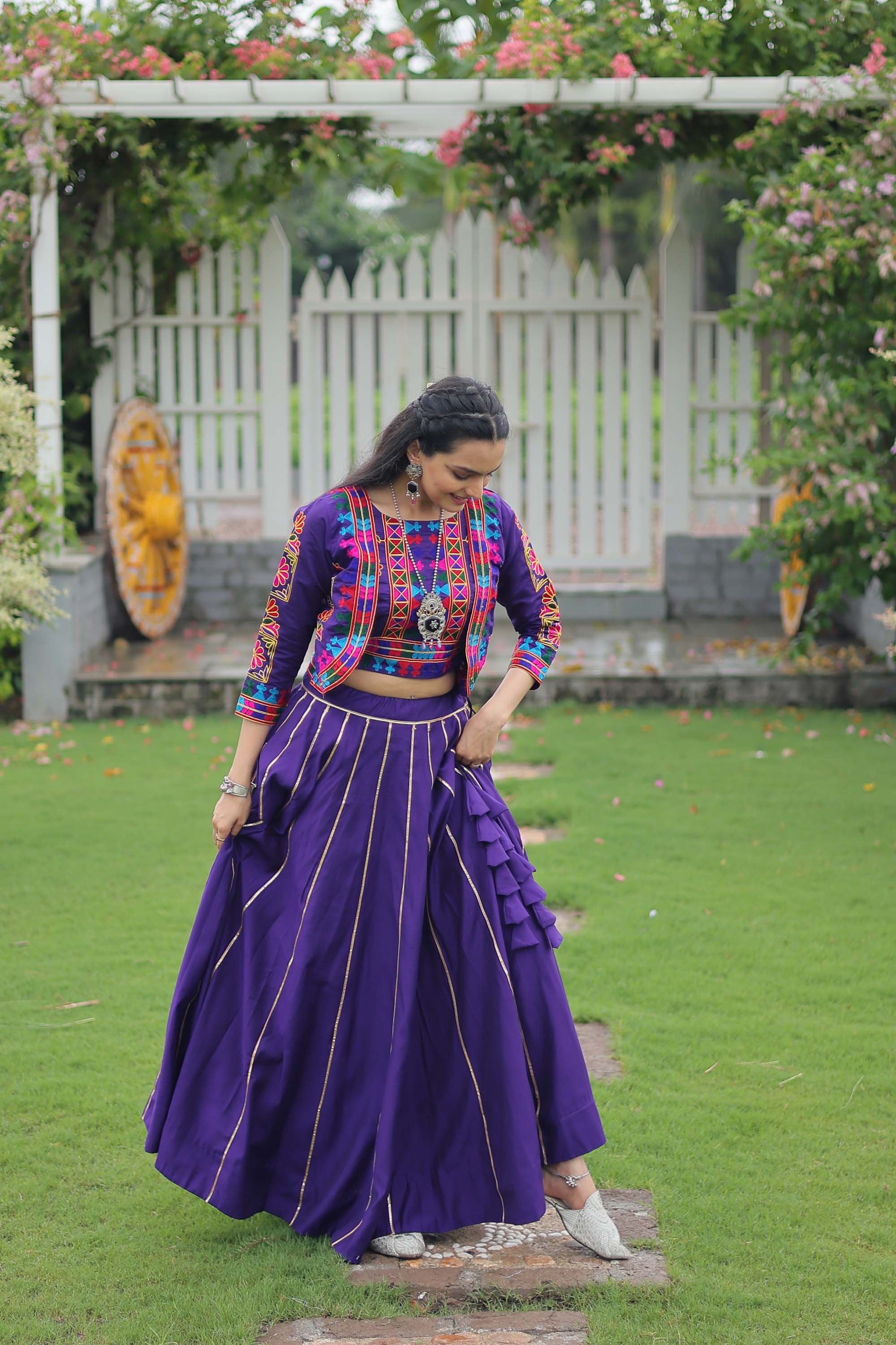 Purple Roman Silk Lehenga Choli with Traditional Gota-Patti Lace
