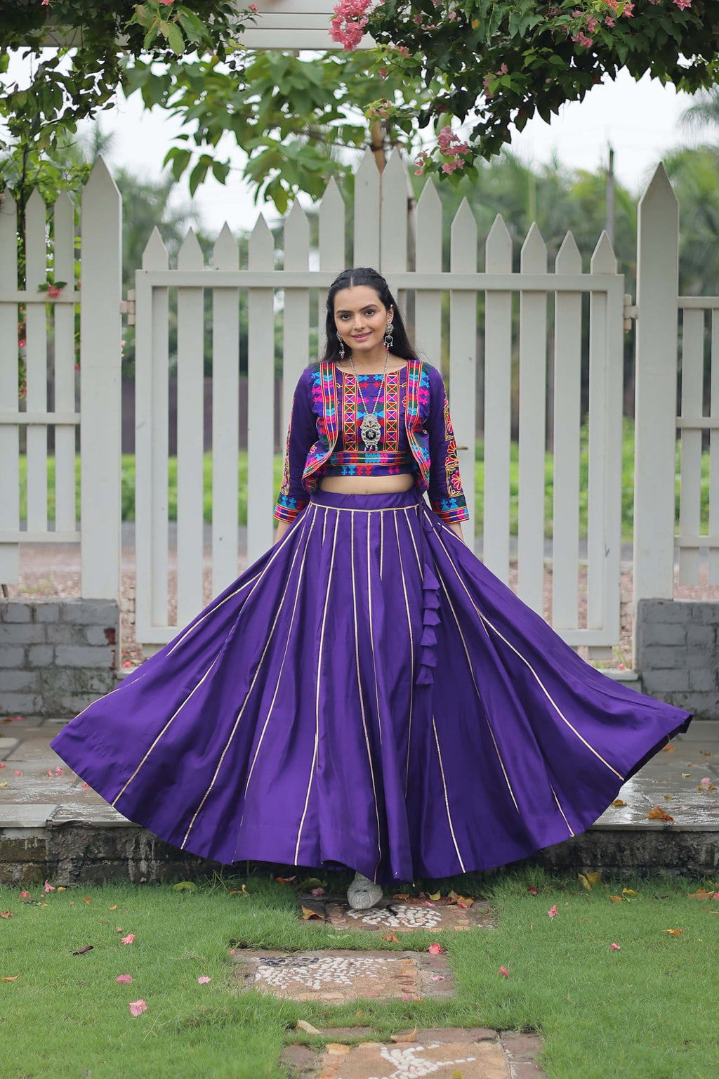 Purple Roman Silk Lehenga Choli with Traditional Gota-Patti Lace