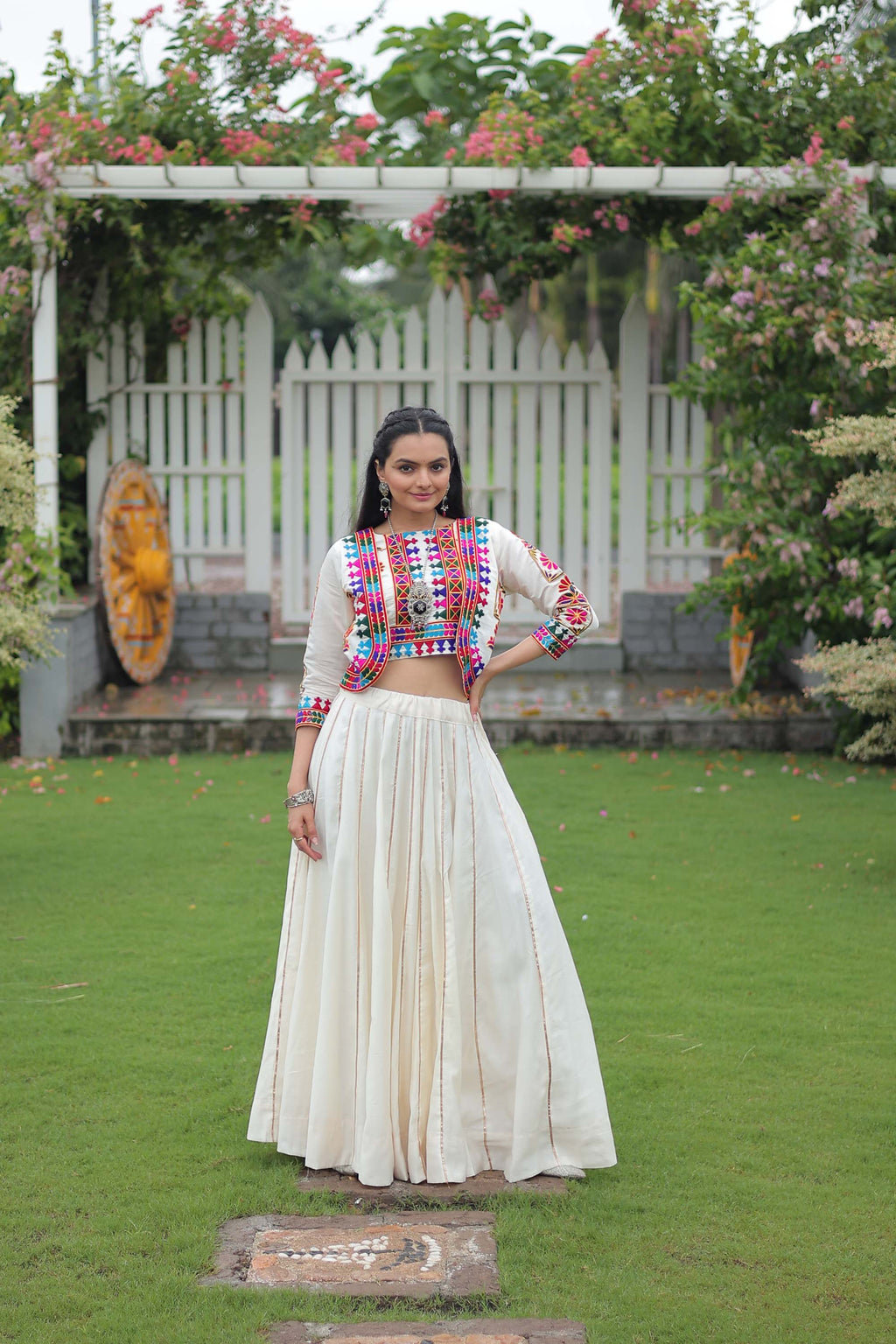Lorenvalley Fashion White Roman Silk with Attractive Gota-Patti Lace Lehenga Choli