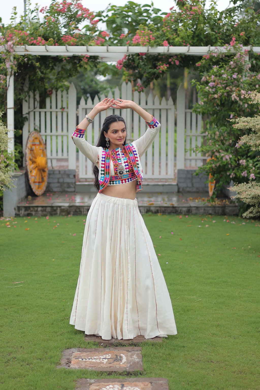Lorenvalley Fashion White Roman Silk with Attractive Gota-Patti Lace Lehenga Choli
