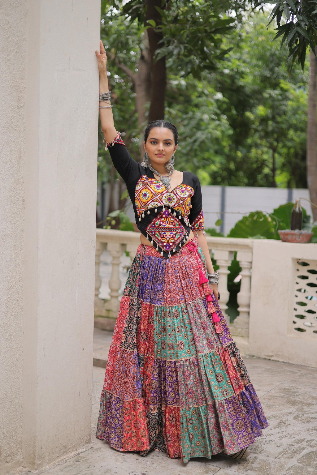 Black Kutchi Gamthi Embroidered Lehenga with Codi Lace for Navratri