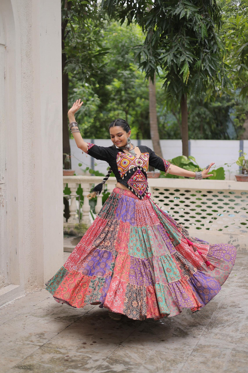 Black Kutchi Gamthi Embroidered Lehenga with Codi Lace for Navratri