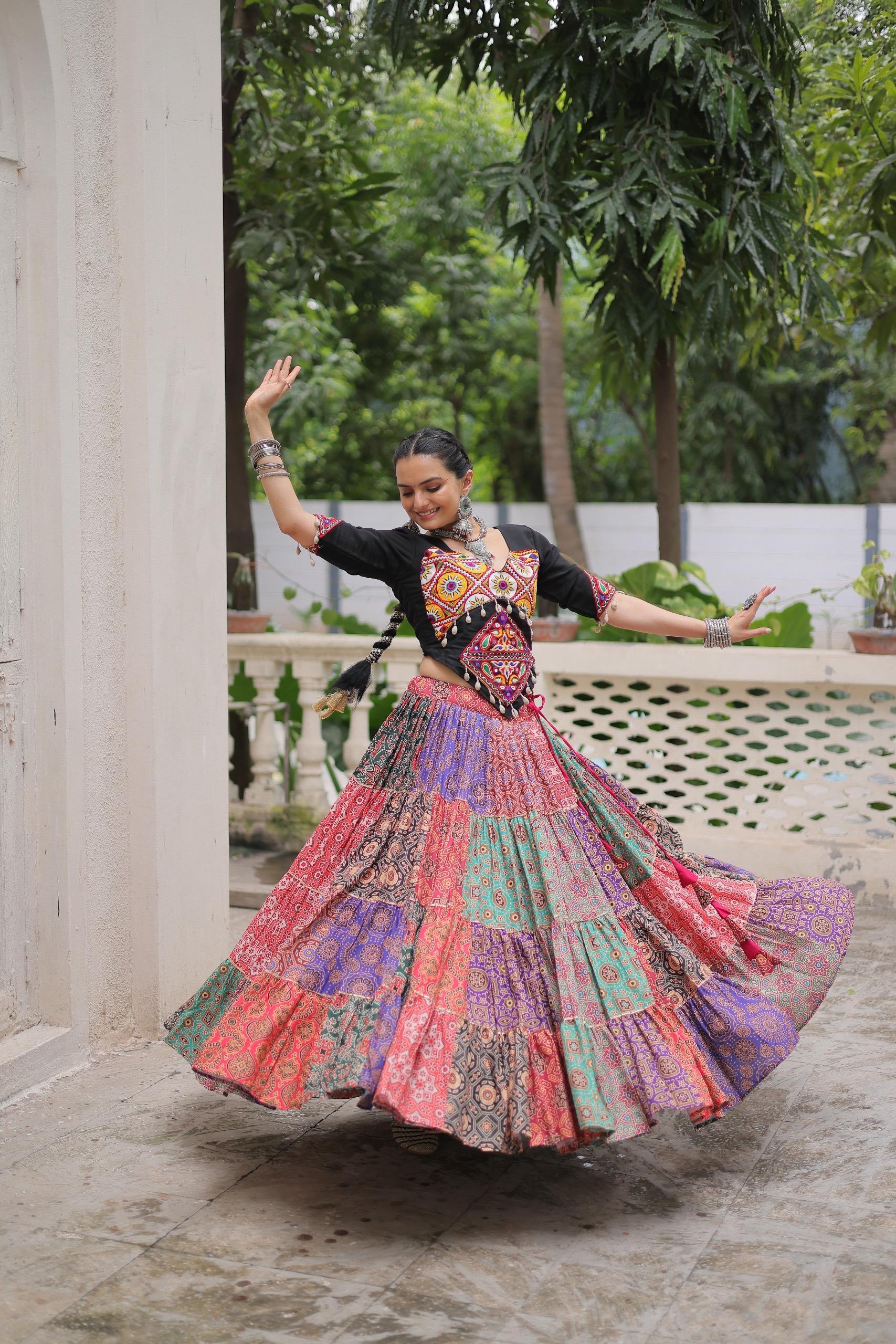 Black Kutchi Gamthi Embroidered Lehenga with Codi Lace for Navratri