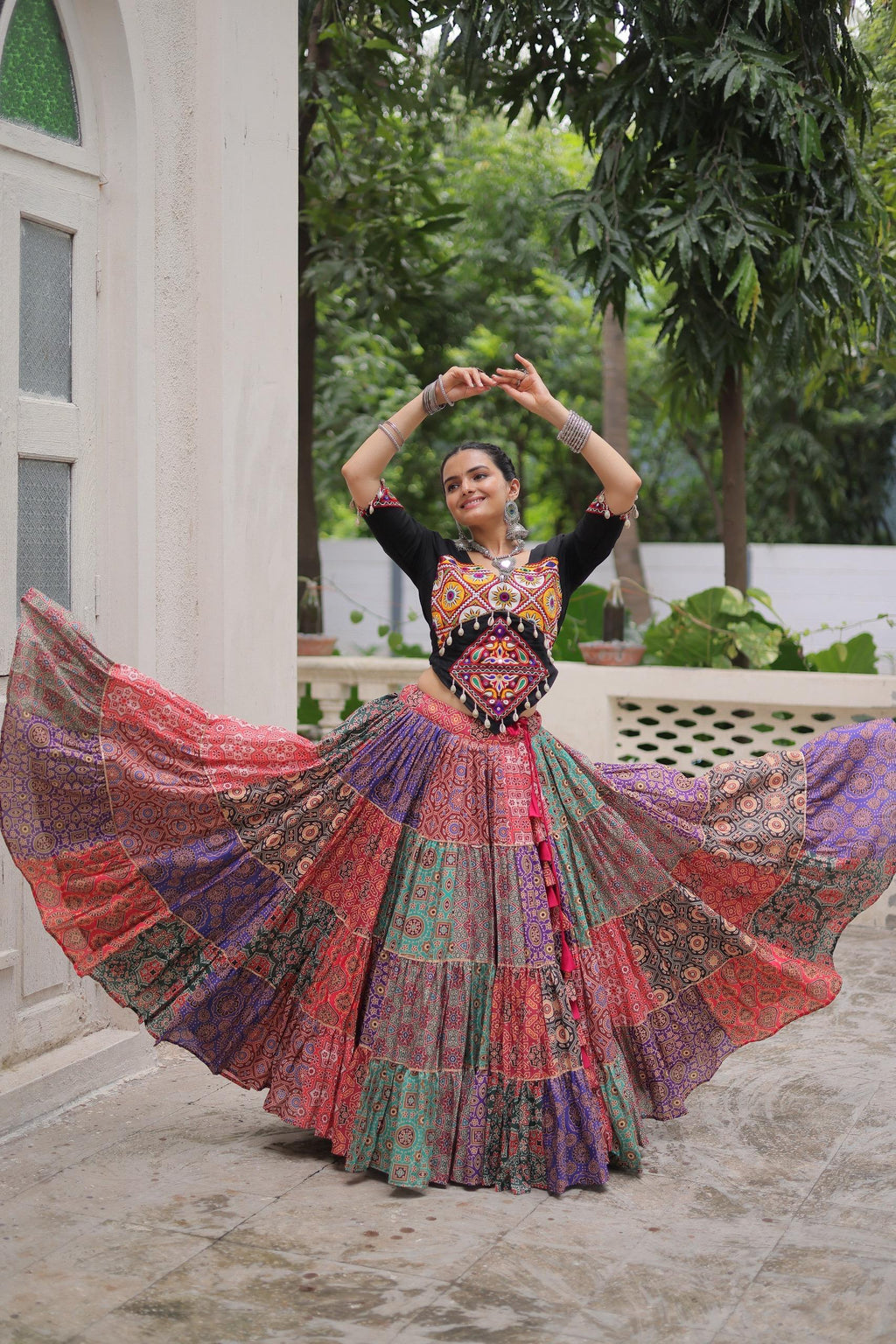 Black Kutchi Gamthi Embroidered Lehenga with Codi Lace for Navratri