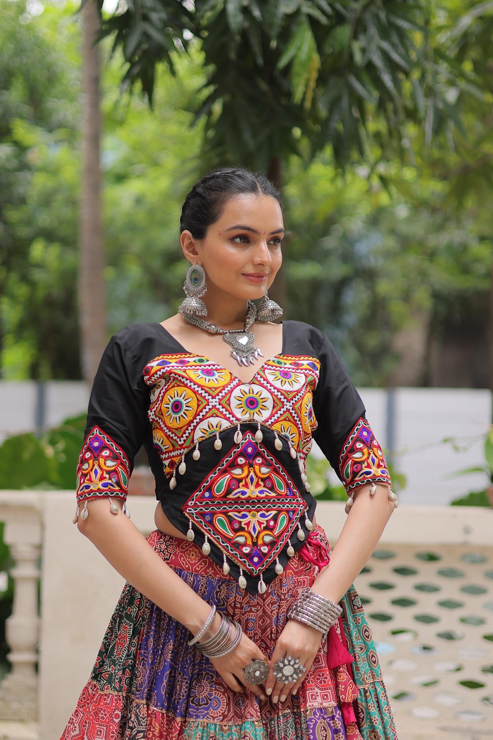 Black Kutchi Gamthi Embroidered Lehenga with Codi Lace for Navratri