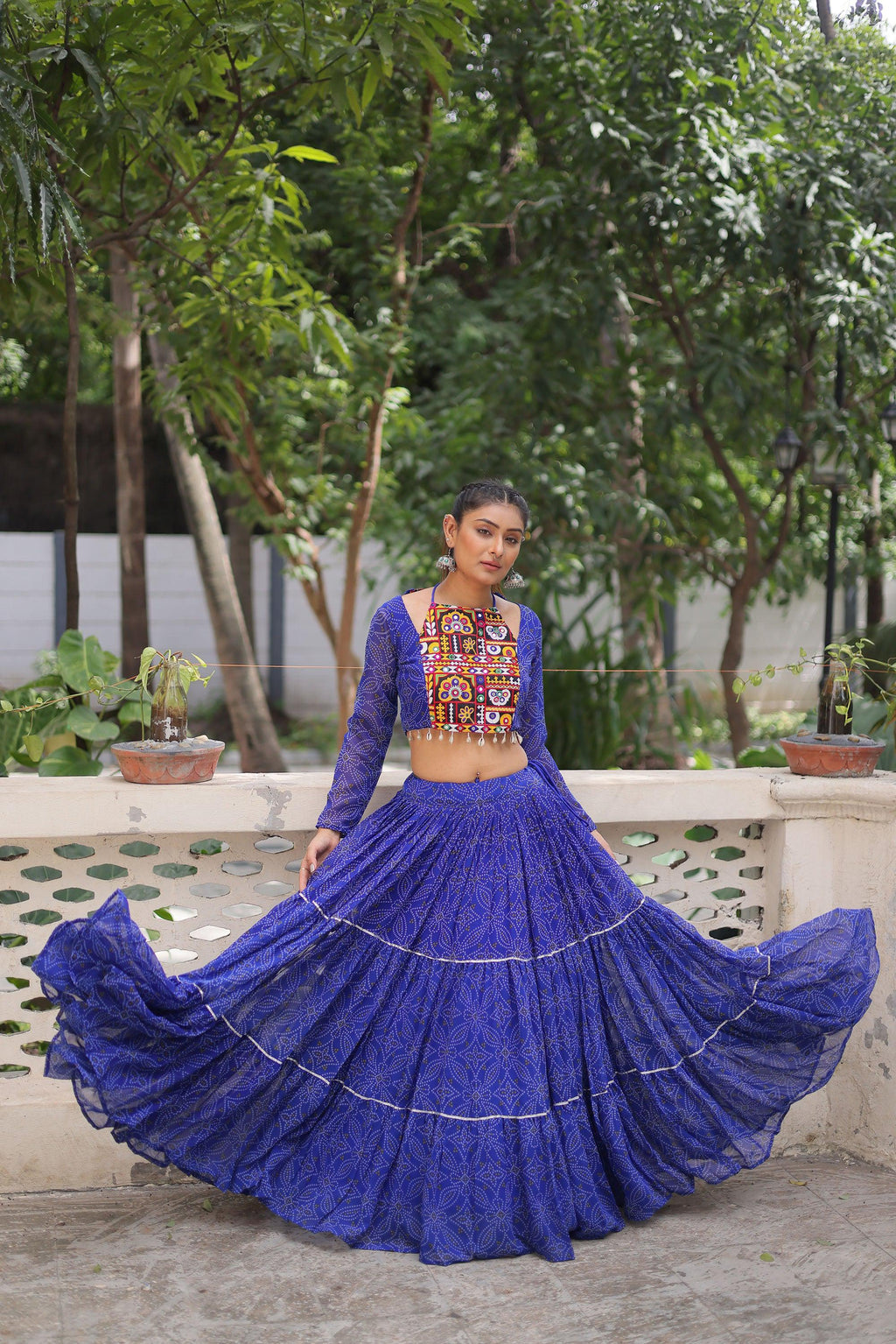 Lorenvalley Fashion Blue Faux Georgette Bandhej Print with Gotta Patti Lace Work Lehenga Choli