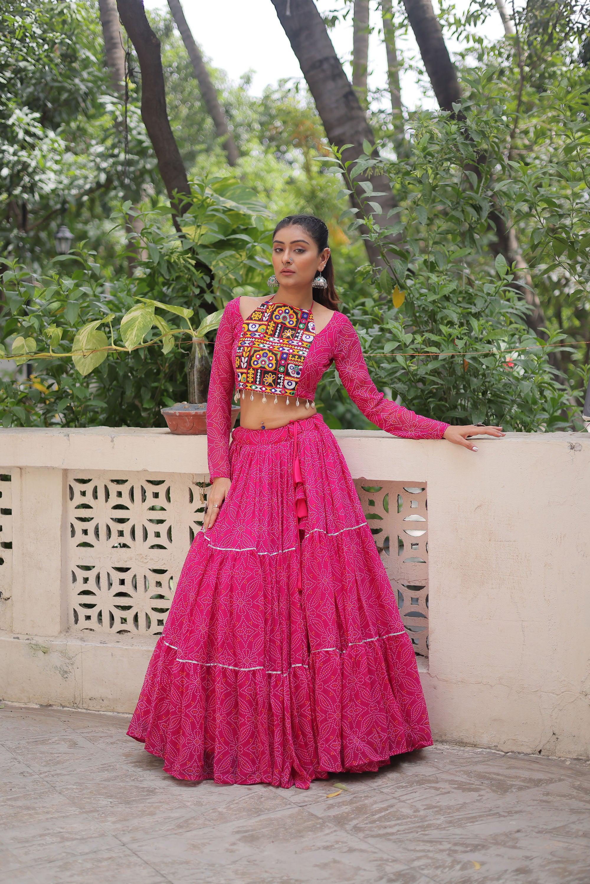 Pink faux georgette lehenga with traditional Bandhej print and Gota-Patti lace