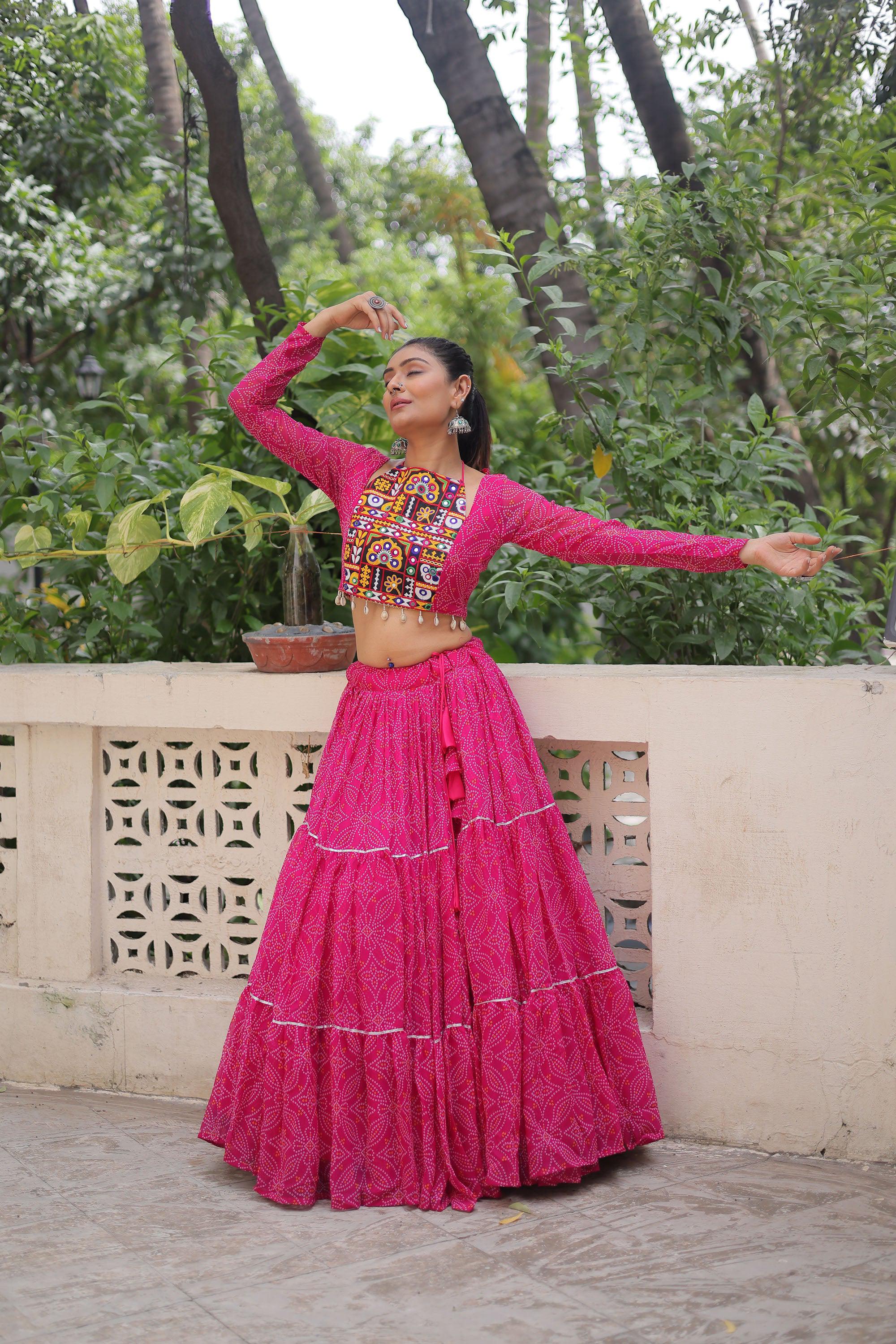 Pink Faux Georgette Bandhej Print Lehenga Choli with Gota-Patti