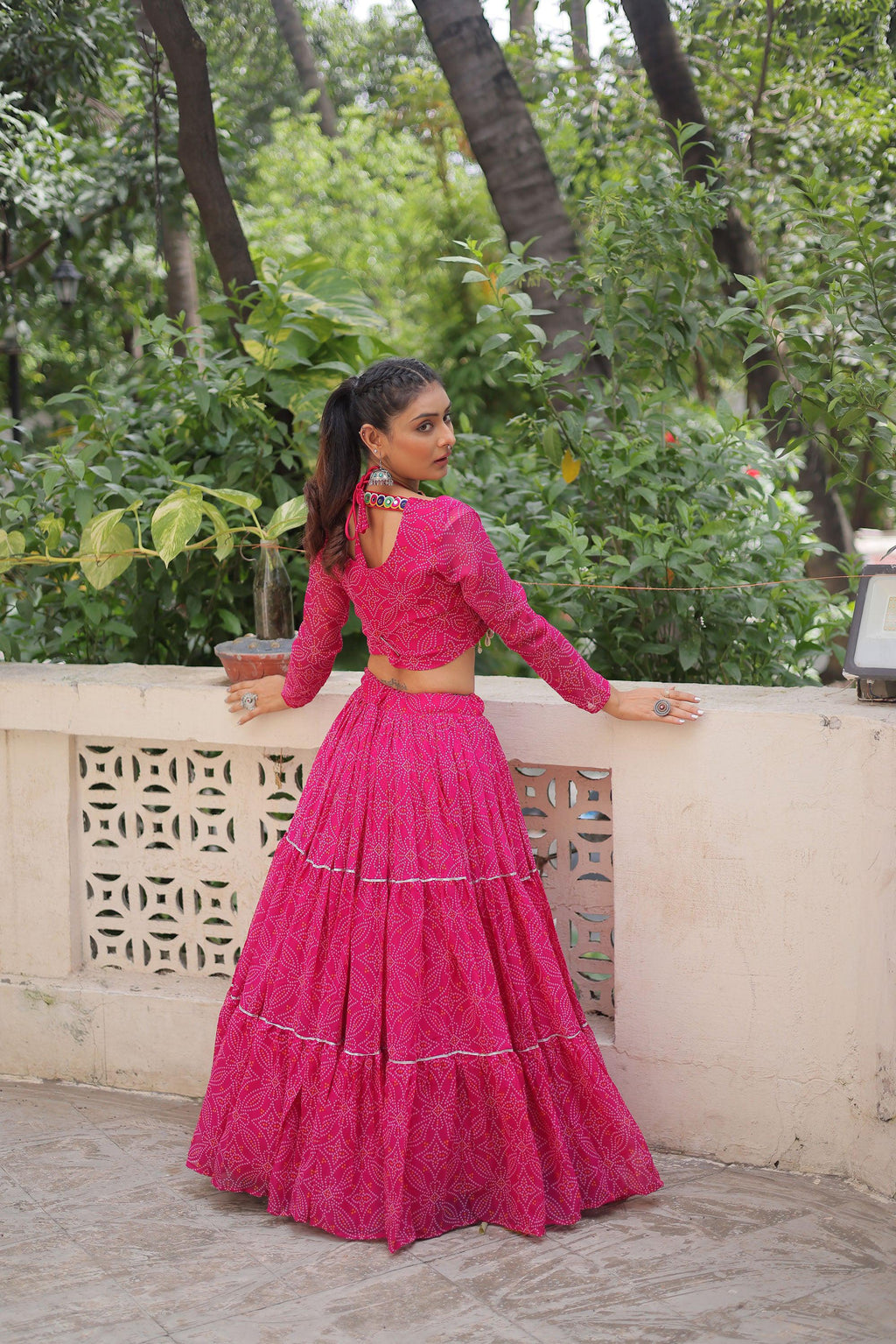 Pink Faux Georgette Bandhej Print Lehenga Choli with Gota-Patti