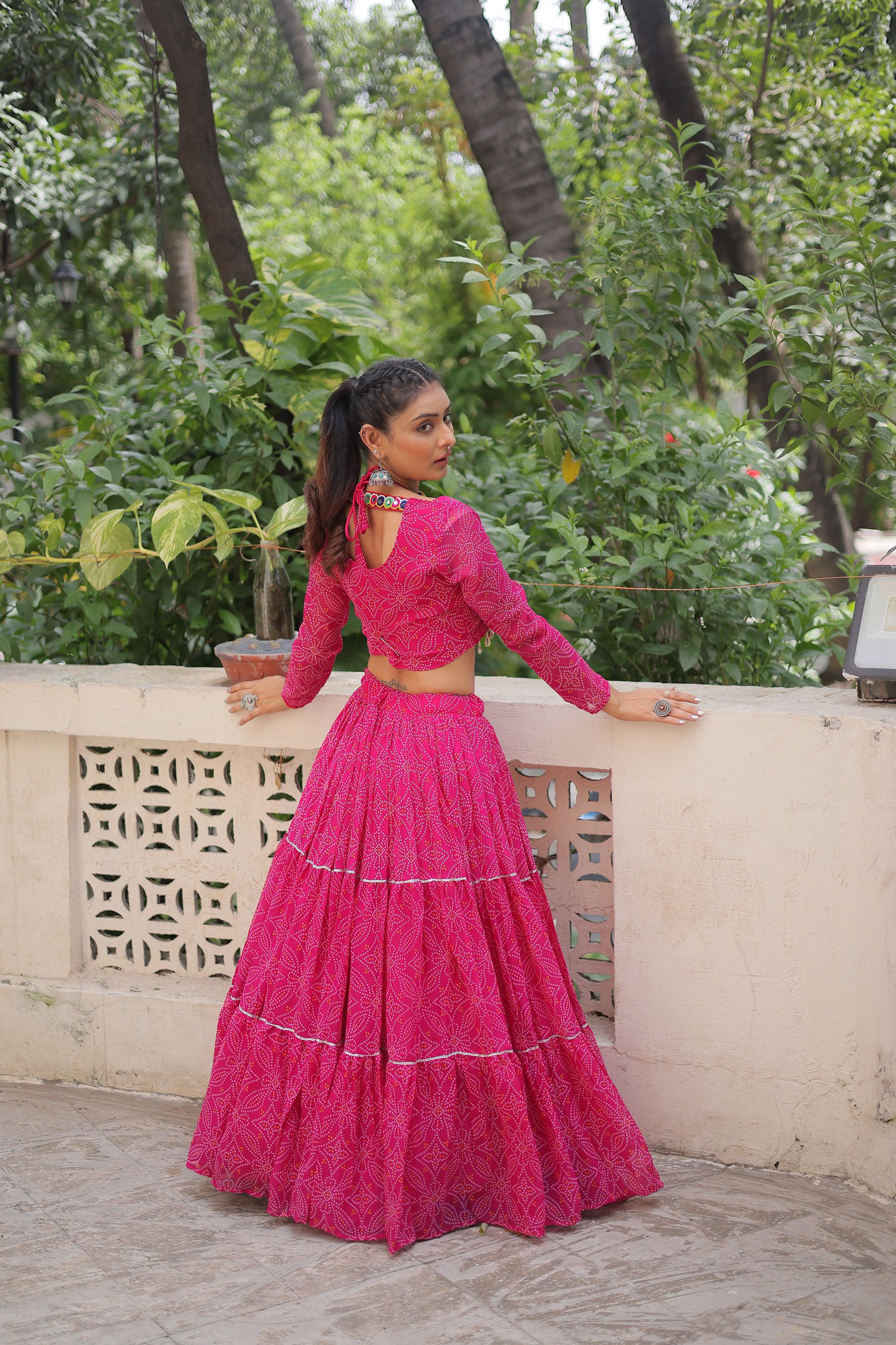 Pink Faux Georgette Bandhej Print Lehenga Choli with Gota-Patti